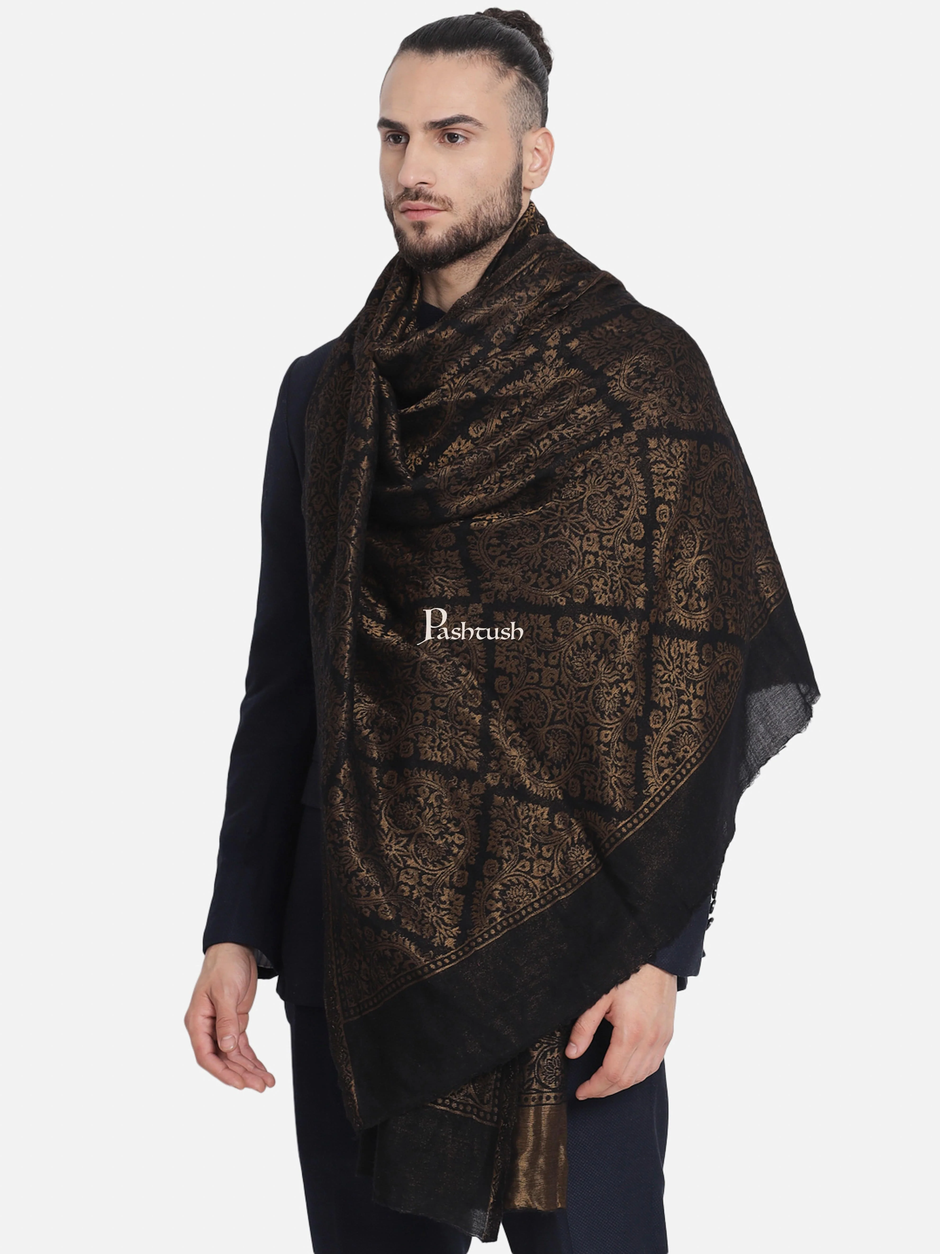 Pashtush His And Her Set Of Jaquard Metallic Weave Stole and Shawl With Premium Gift Box Packaging, Black and Ivory - Image 5