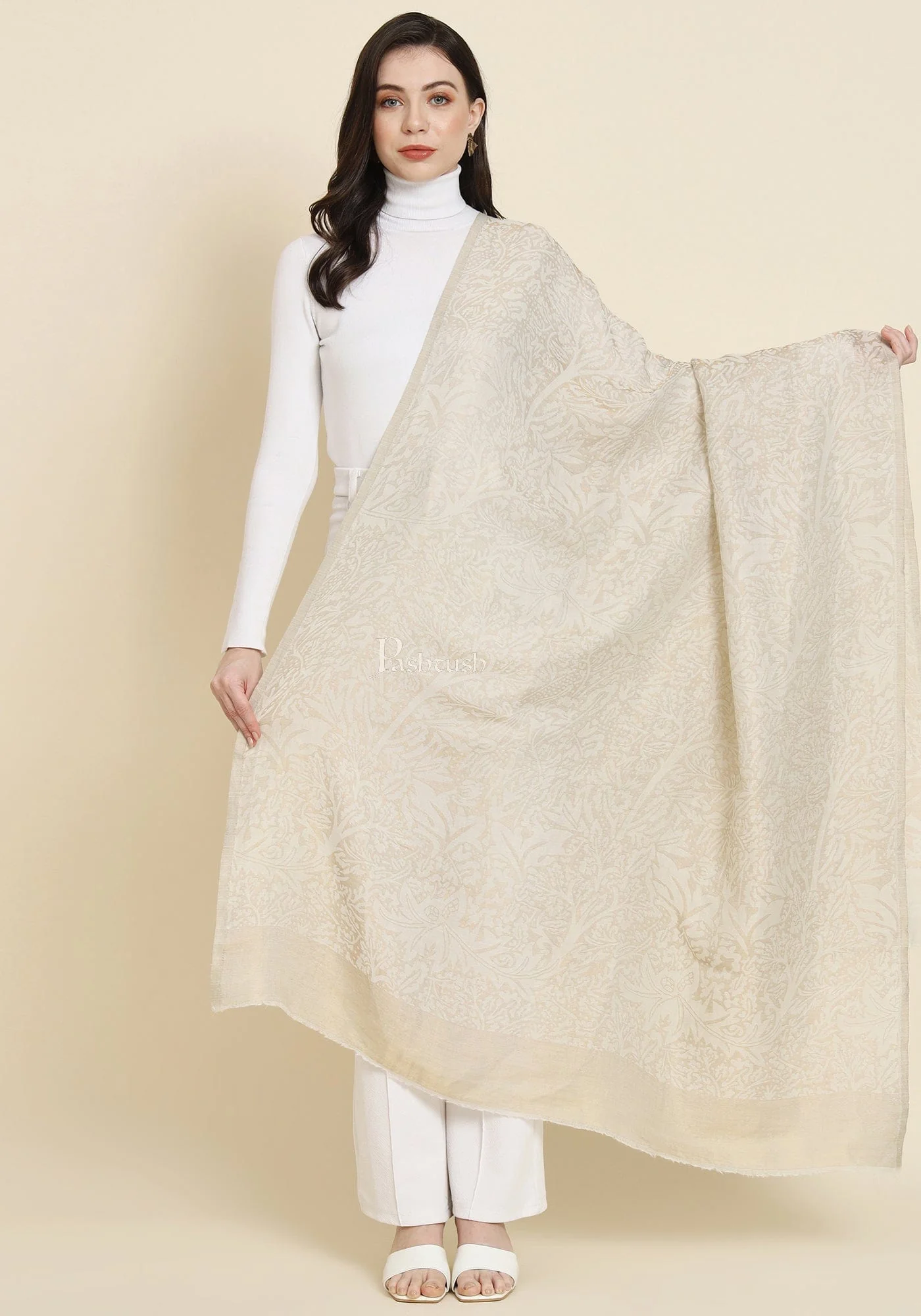 Pashtush His And Her Set Of Jaquard Metallic Weave Stole and Shawl With Premium Gift Box Packaging, Black and Ivory - Image 8
