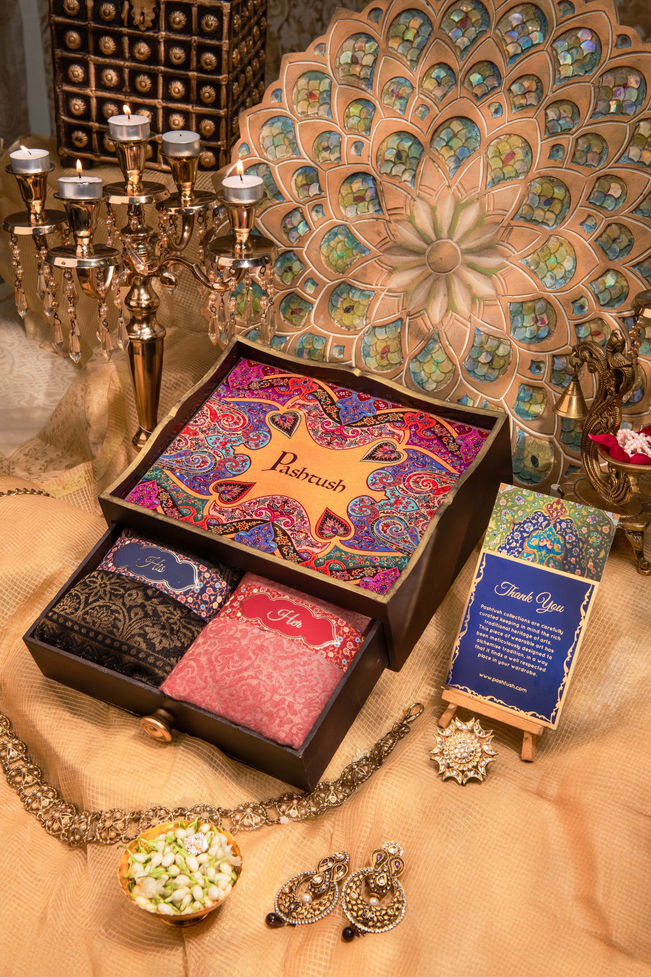 Pashtush His And Her Set Of Jaquard Metallic Weave Stole and Shawl With Wooden Chester Box, Black and Pink