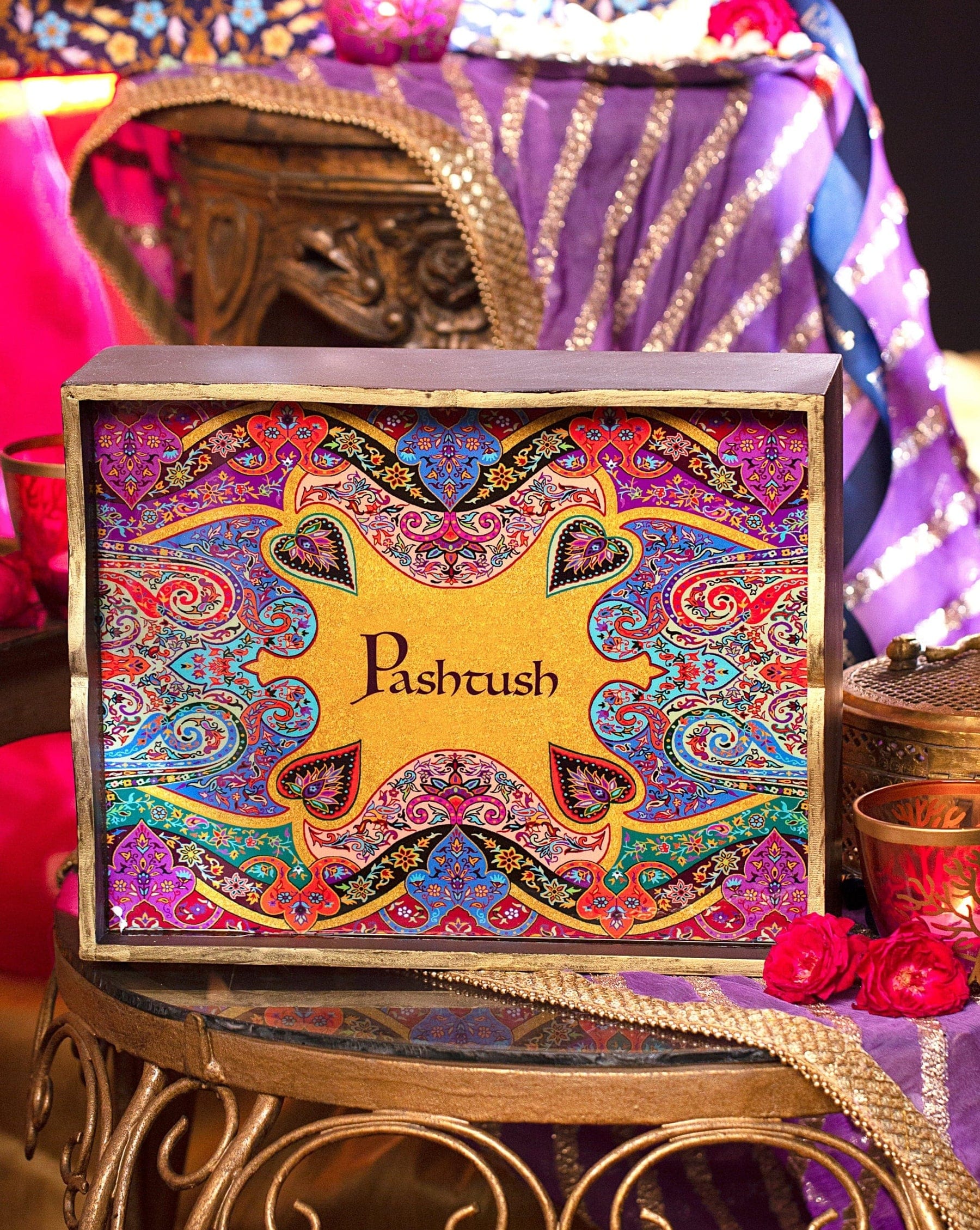 Pashtush His And Her Set Of Jaquard Metallic Weave Stole and Shawl With Wooden Chester Box, Black and Pink - Image 2