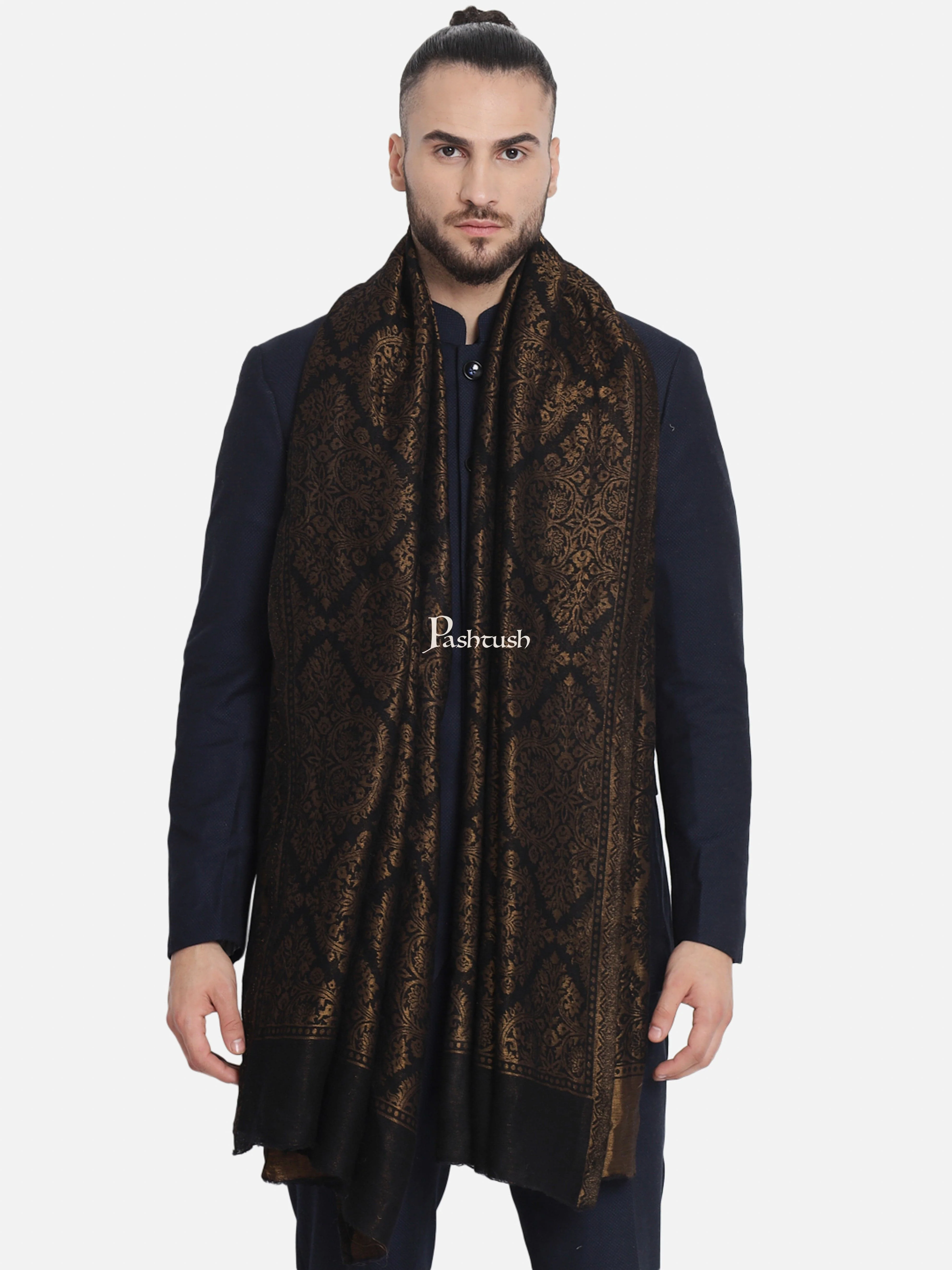 Pashtush His And Her Set Of Jaquard Metallic Weave Stole and Shawl With Wooden Chester Box, Black and Pink - Image 3