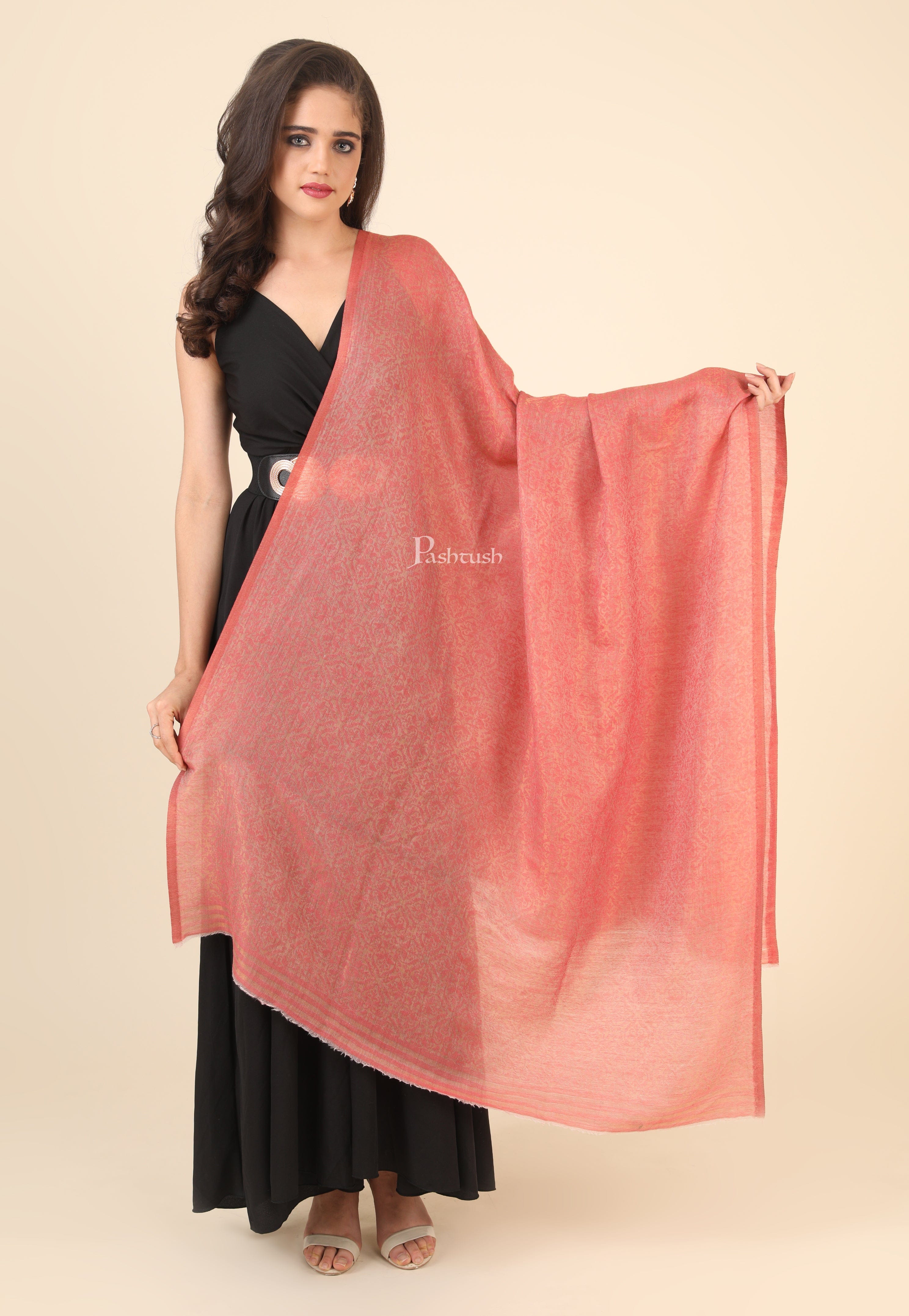 Pashtush His And Her Set Of Jaquard Metallic Weave Stole and Shawl With Wooden Chester Box, Black and Pink - Image 7