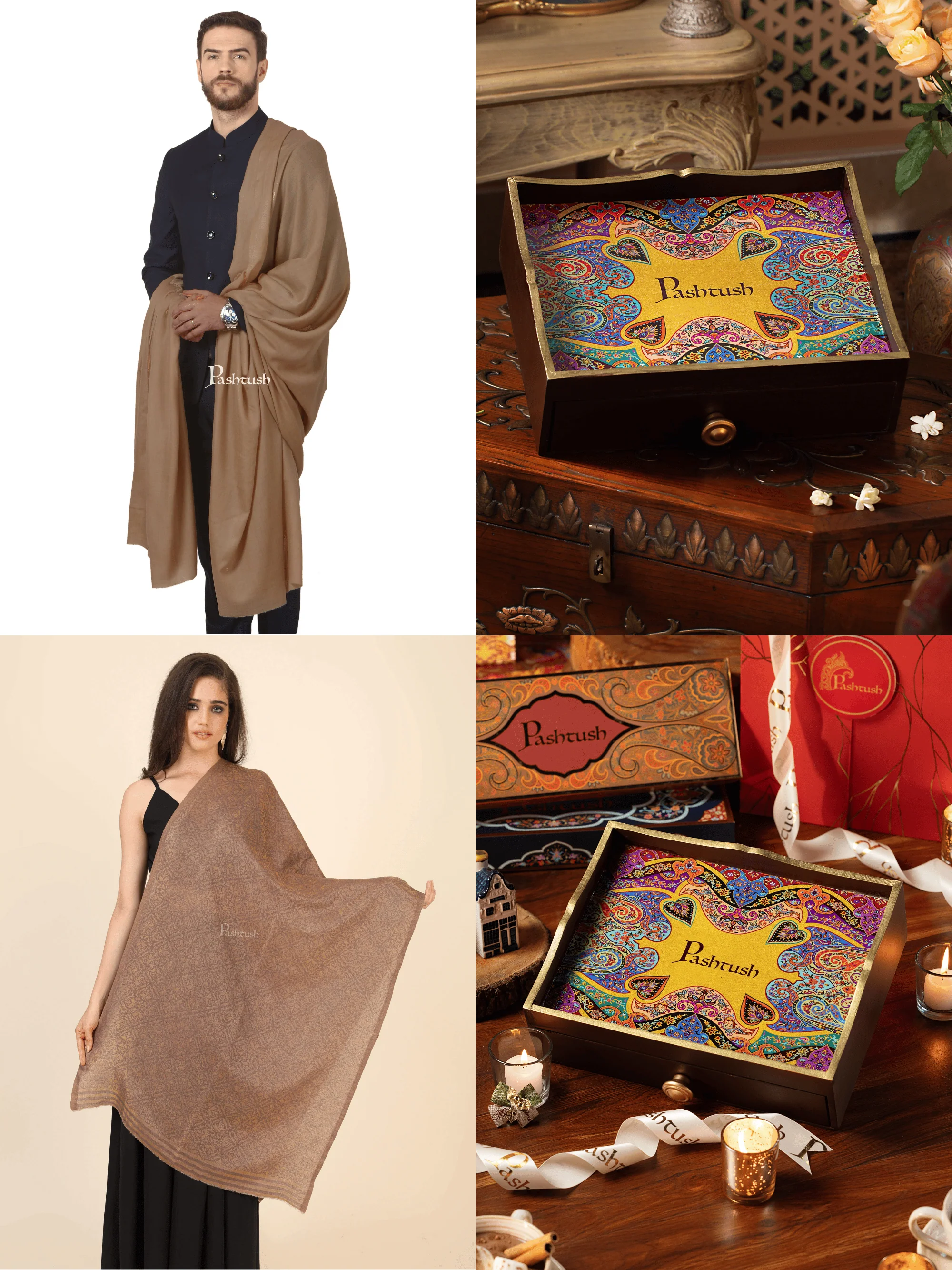 Pashtush His And Her Set Of Mens 100% Pure Wool Shawl and Womens Twilight Shawl With Wooden Chester Box, Taupe and Beige