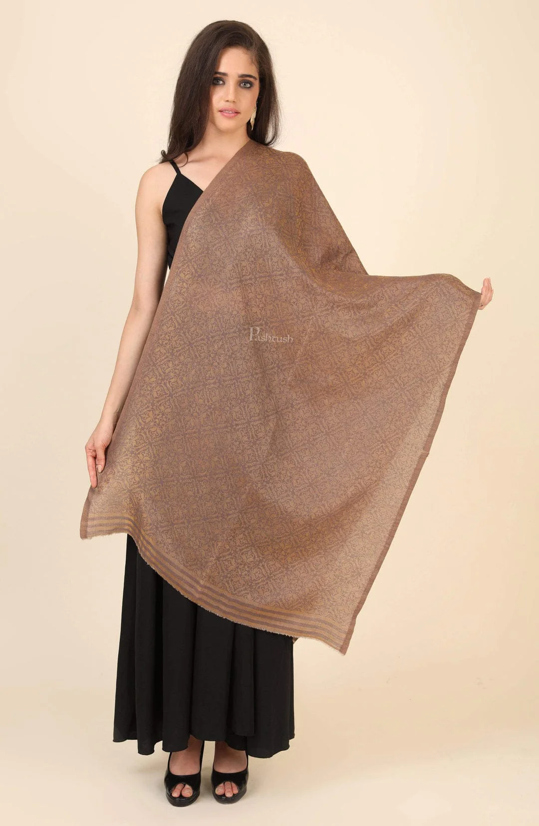 Pashtush His And Her Set Of Mens Fine Wool Shawl and Womens Twilight Shawl, Premium Gift Box Packaging, Beige - Image 9