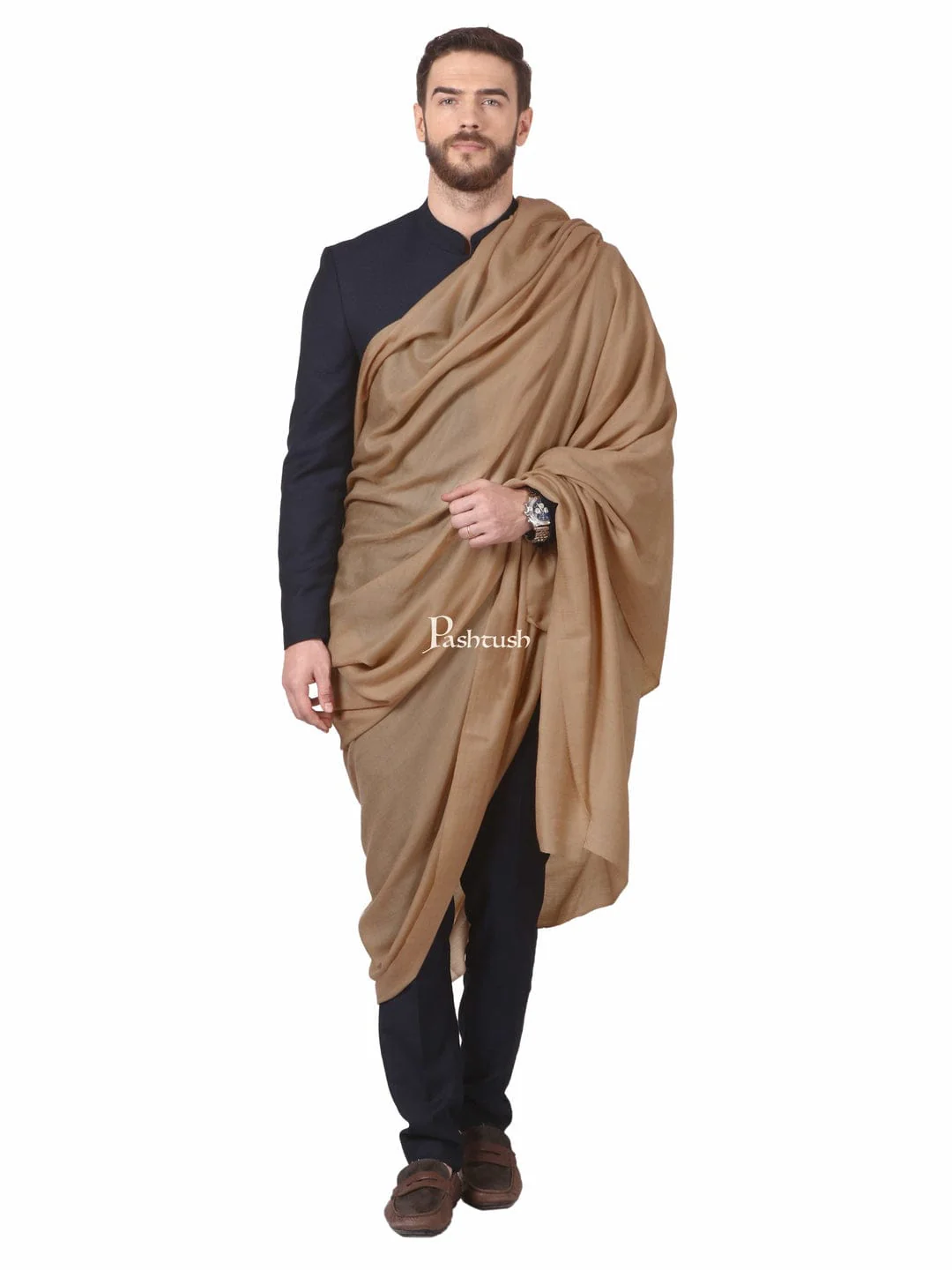 Pashtush His And Her Set Of Mens 100% Pure Wool Shawl and Womens Extra Fine Wool Shawl With Wooden Chester Box, Taupe - Image 3