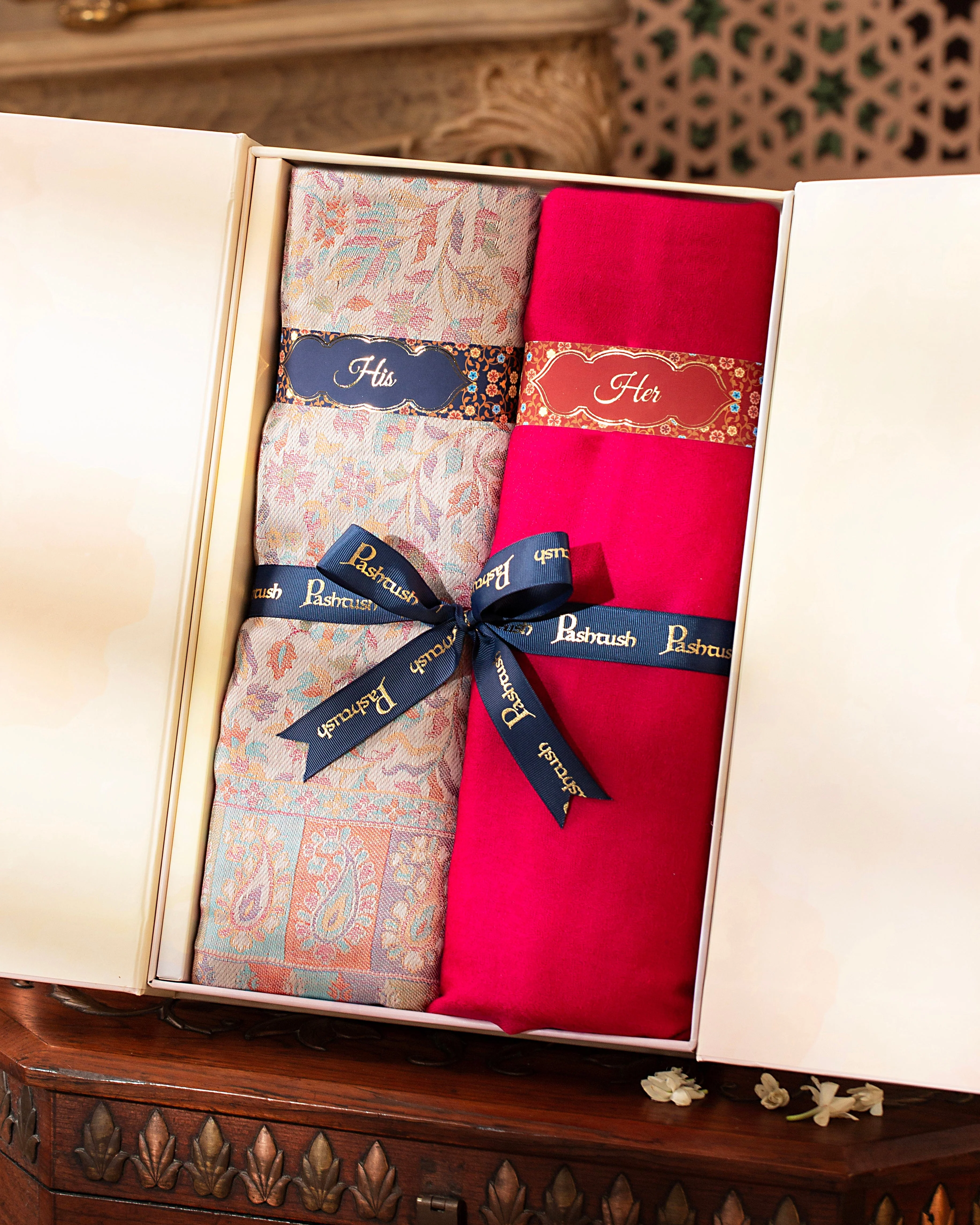 Pashtush His And Her Set Of Mens Bamboo Stole and Womens Fine Wool Stole, Premium Gift Box Packaging, Multicolour and Pink