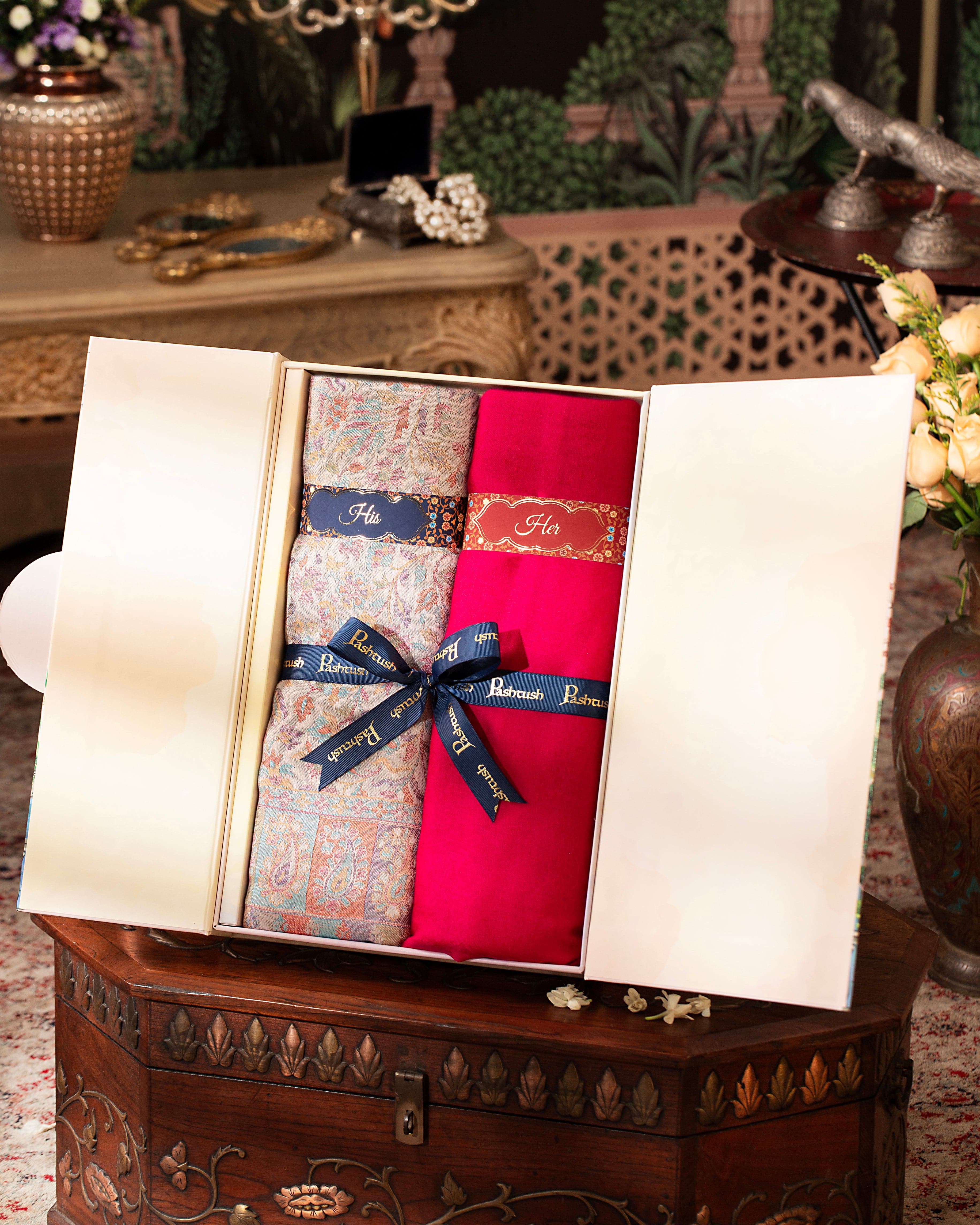 Pashtush His And Her Set Of Mens Bamboo Stole and Womens Fine Wool Stole, Premium Gift Box Packaging, Multicolour and Pink - Image 4
