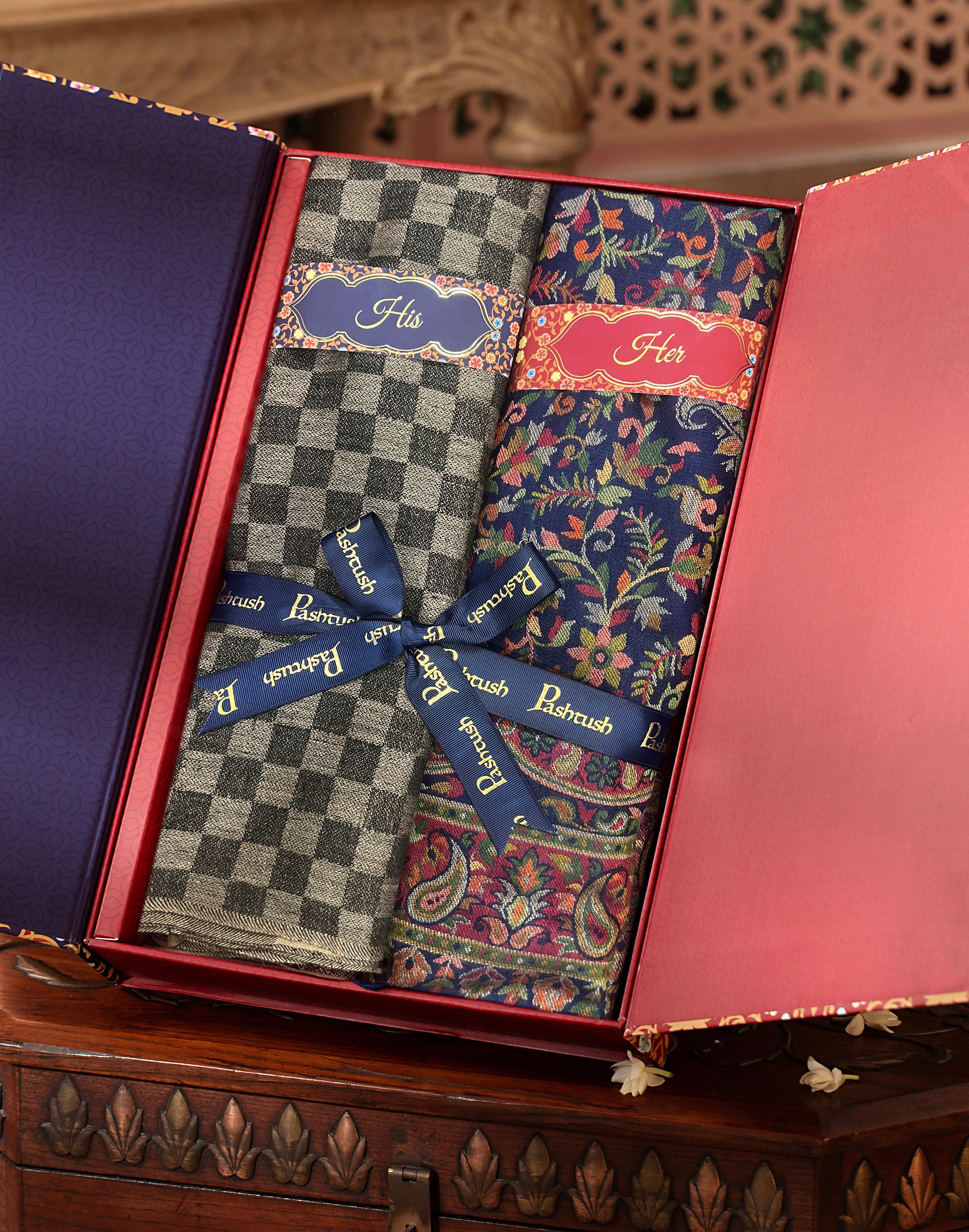Pashtush His And Her Set Of Mens Checkerd Stole and Womens Faux Pashmina Shawl, Premium Gift Box Packaging, Black and Multicolour