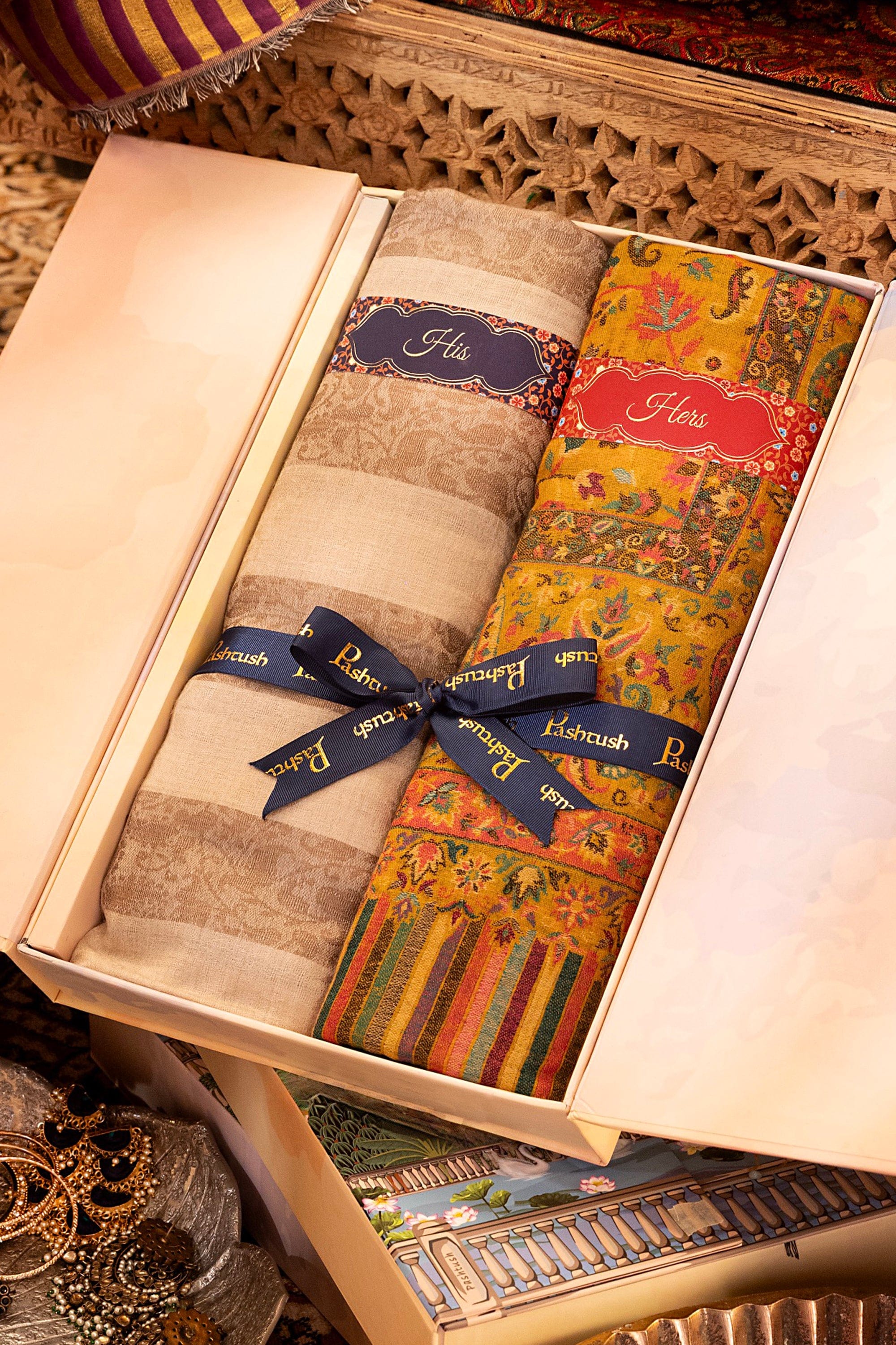 Pashtush His And Her Set Of Mens Extra Fine Wool Shawl and Womens 100% Pure Wool Stole, Premium Gift Box Packaging, Beige and Mustard