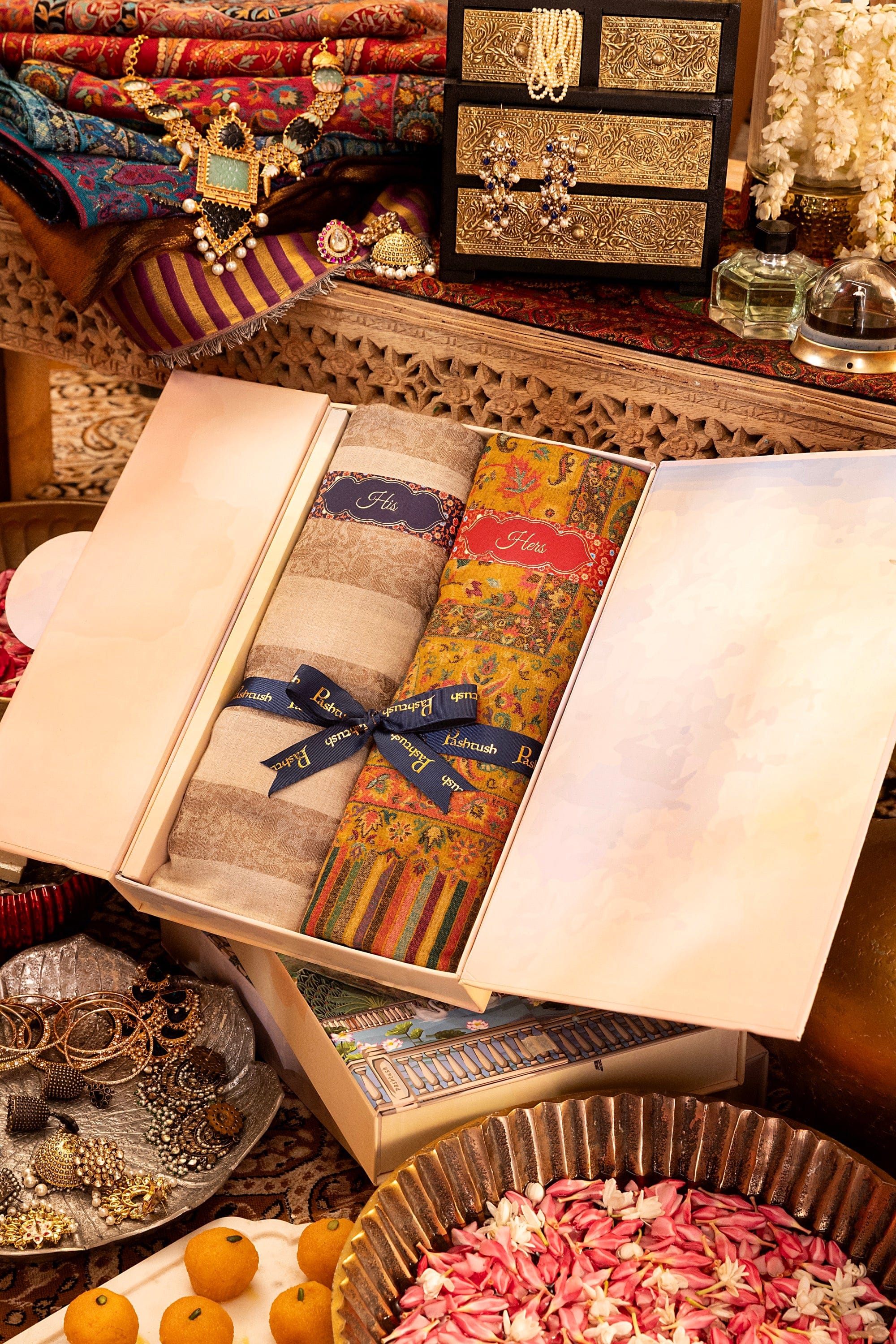 Pashtush His And Her Set Of Mens Extra Fine Wool Shawl and Womens 100% Pure Wool Stole, Premium Gift Box Packaging, Beige and Mustard - Image 3