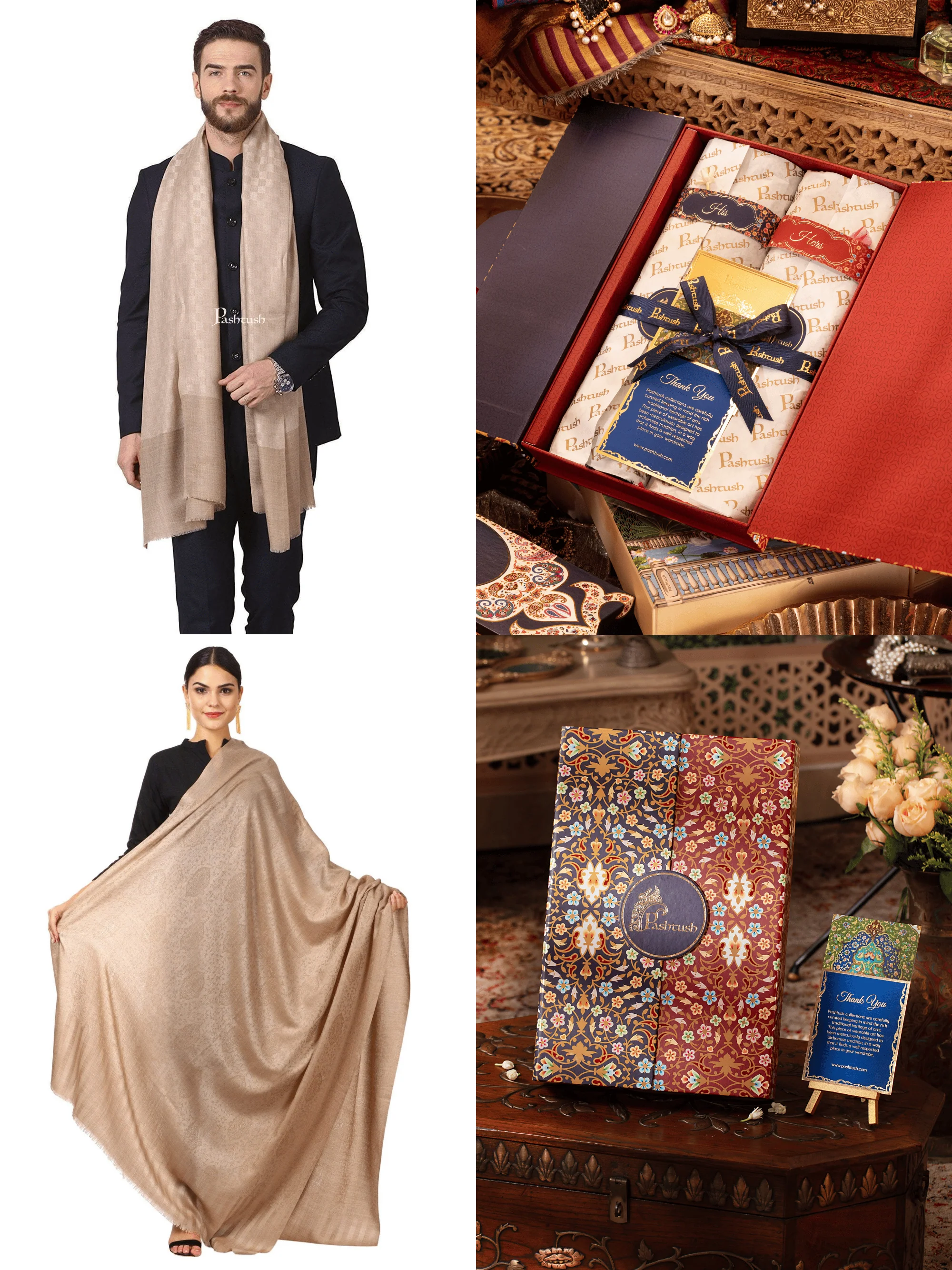 Pashtush His And Her Set Of Mens Fine Stole and Womens Shawl, Premium Gift Box Packaging, Beige