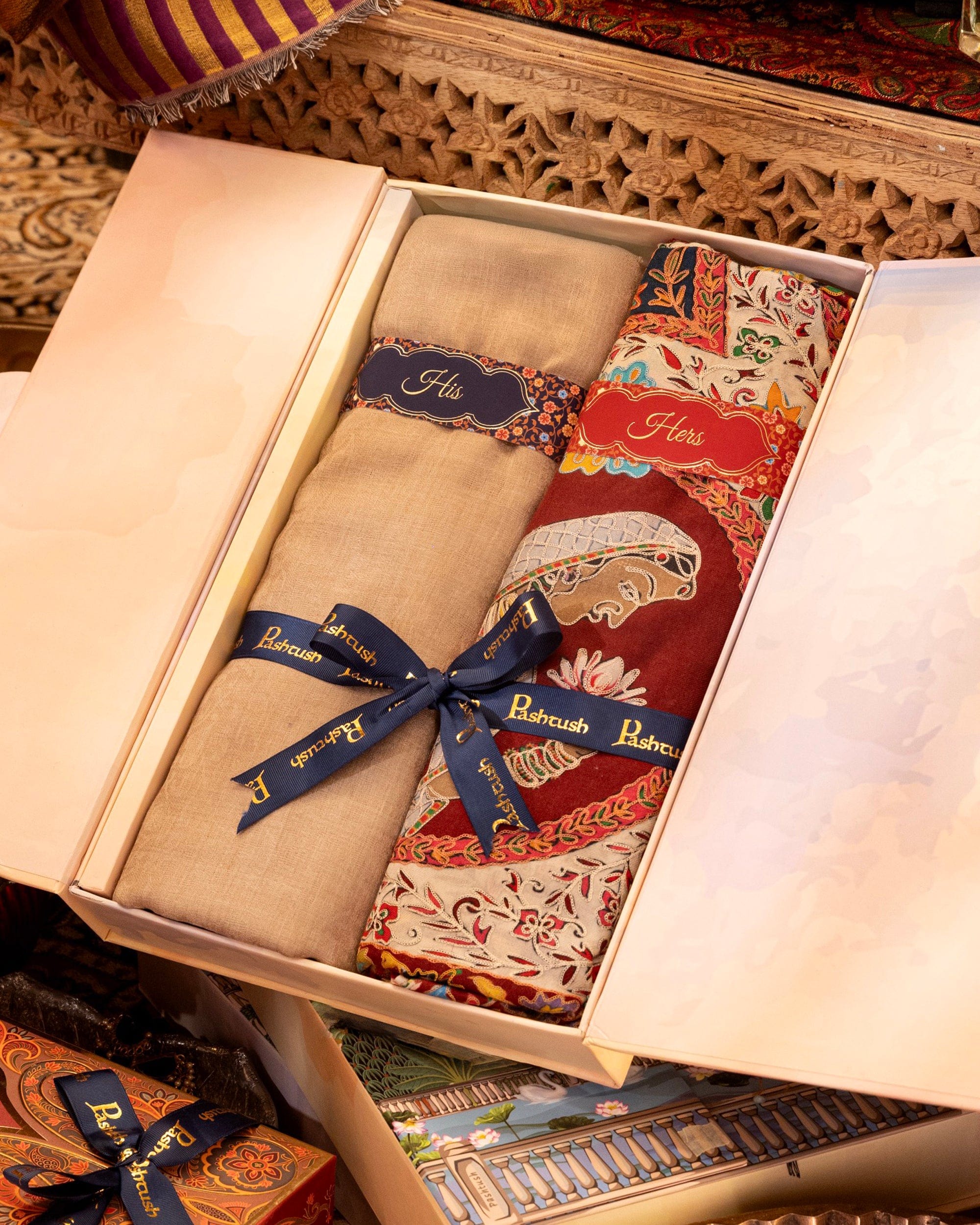 Pashtush His And Her Set Of Mens Fine Wool Scarf and Womens Kalamkari Shawl, Premium Gift Box Packaging, Sahara and Multicolour