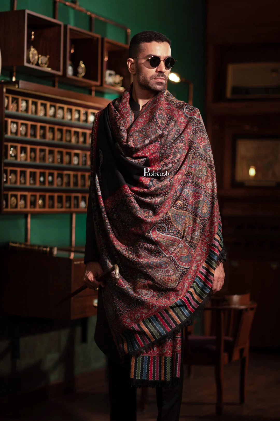 Pashtush His And Her Set Of Mens Fine Wool Shawl and Womens Bamboo Stole, Premium Gift Box Packaging, Black and Multicolour - Image 10
