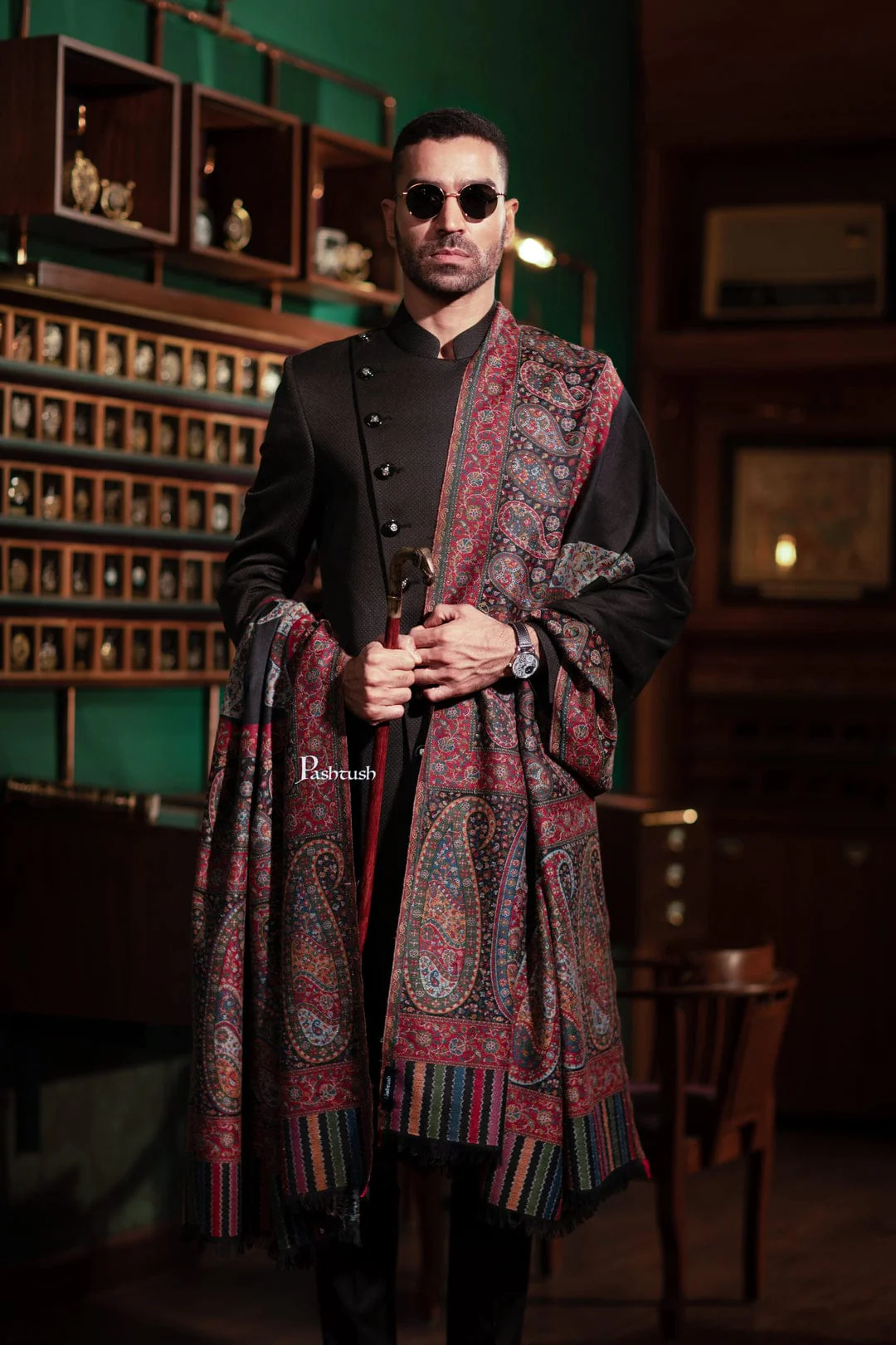 Pashtush His And Her Set Of Mens Fine Wool Shawl and Womens Bamboo Stole, Premium Gift Box Packaging, Black and Multicolour - Image 3