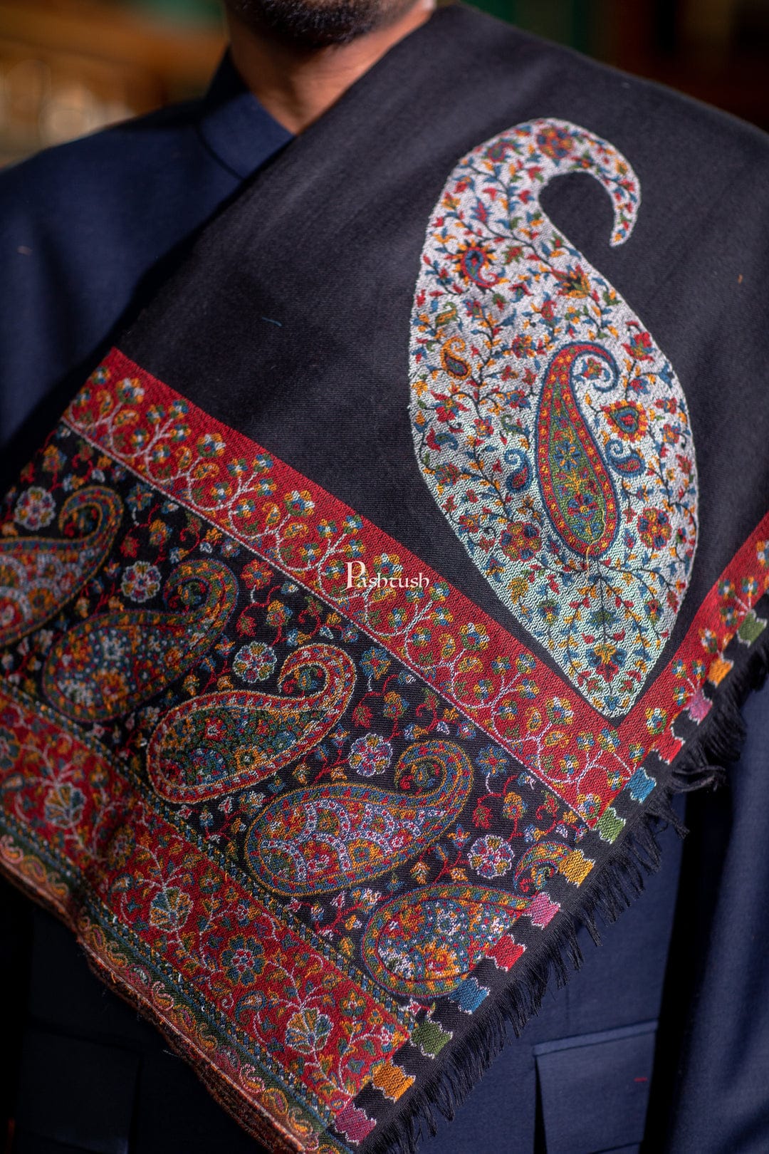 Pashtush His And Her Set Of Mens Fine Wool Shawl and Womens Bamboo Stole, Premium Gift Box Packaging, Black and Multicolour - Image 4