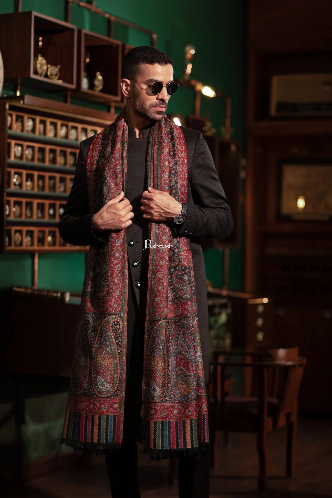 Pashtush His And Her Set Of Mens Fine Wool Shawl and Womens Bamboo Stole, Premium Gift Box Packaging, Black and Multicolour - Image 5