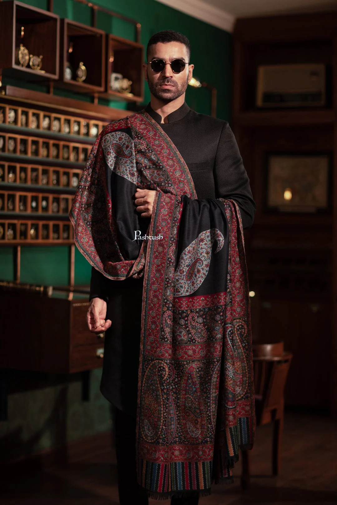 Pashtush His And Her Set Of Mens Fine Wool Shawl and Womens Bamboo Stole, Premium Gift Box Packaging, Black and Multicolour - Image 7