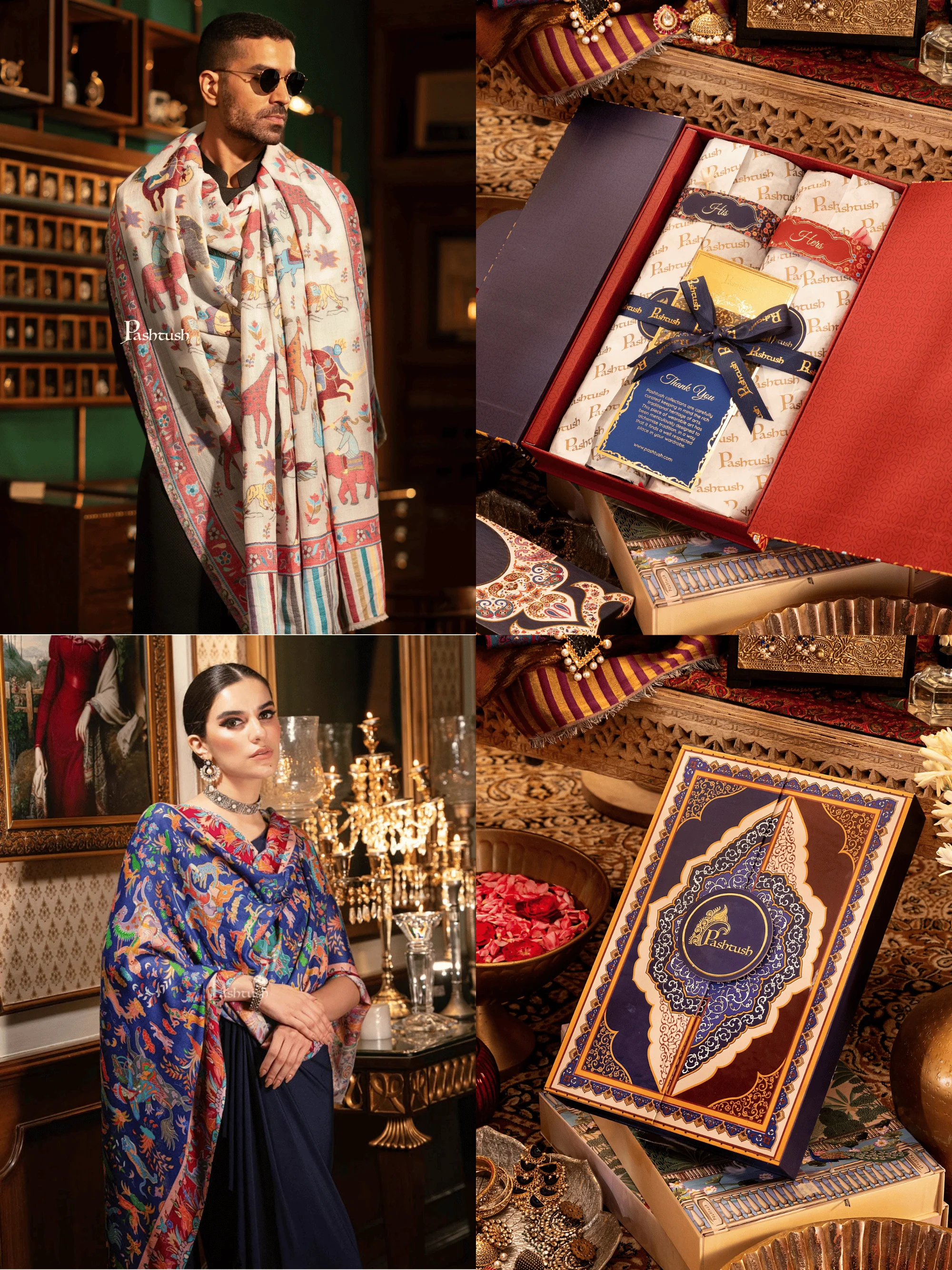 Pashtush His And Her Set Of Mens Fine Wool Shawl and Womens Bamboo Stole, Premium Gift Box Packaging, Ivory and Blue