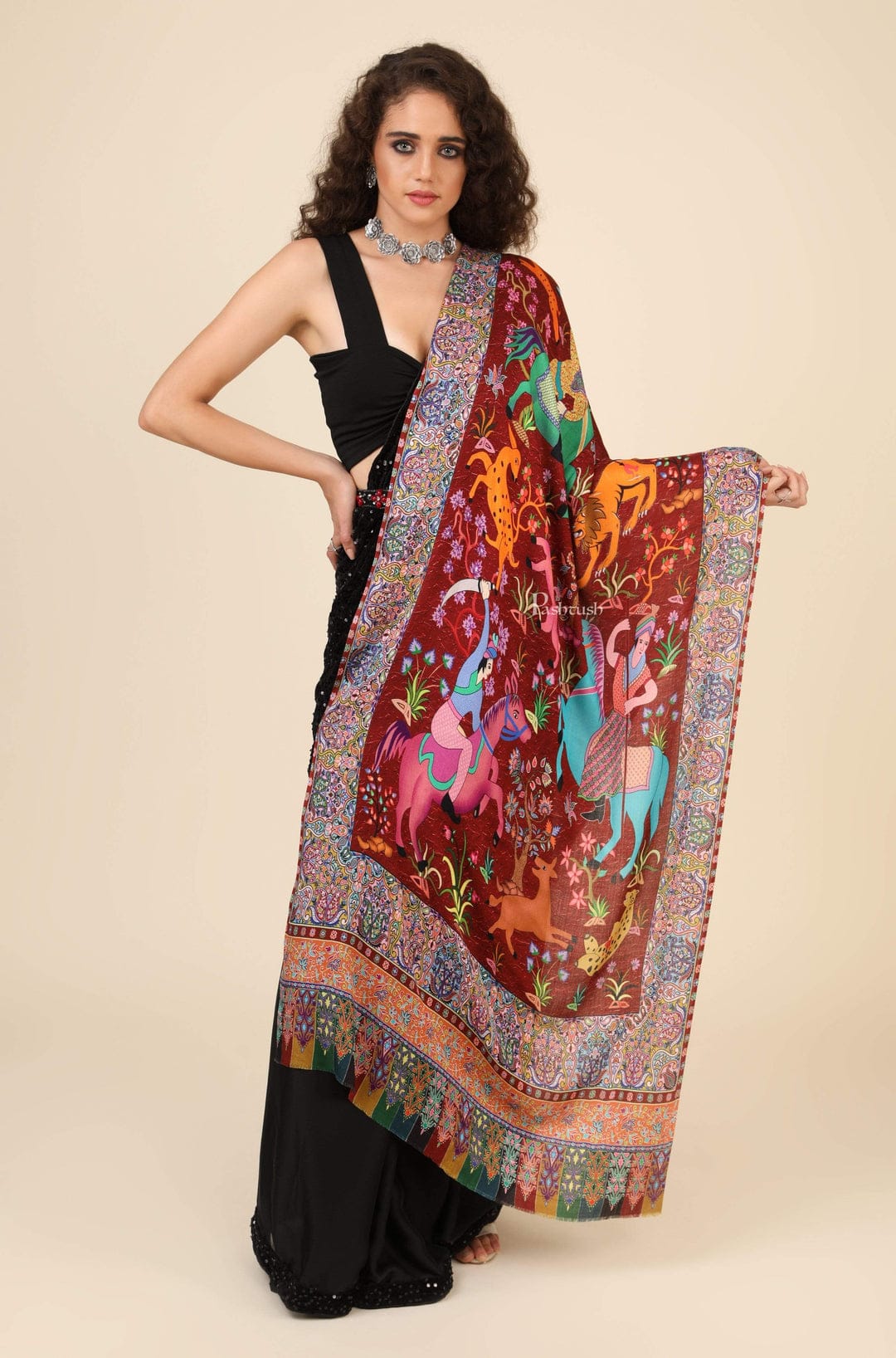 Pashtush His And Her Set Of Mens Fine Wool Shawl and Womens Bamboo Stole, Premium Gift Box Packaging, Black and Multicolour - Image 11