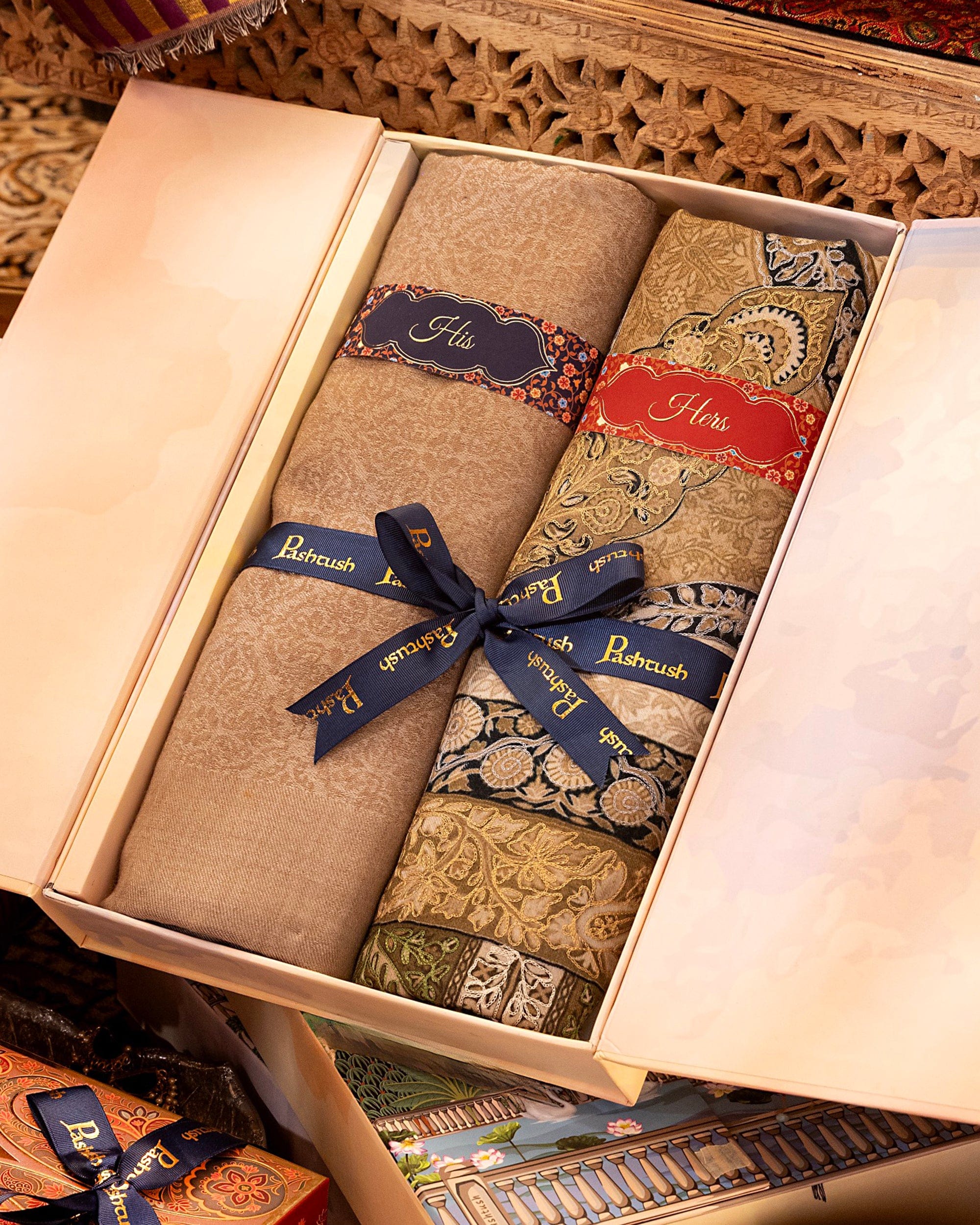 Pashtush His And Her Set Of Mens Fine Wool Shawl and Womens Fine Wool Shawl, Premium Gift Box Packaging, Taupe and Multicolour