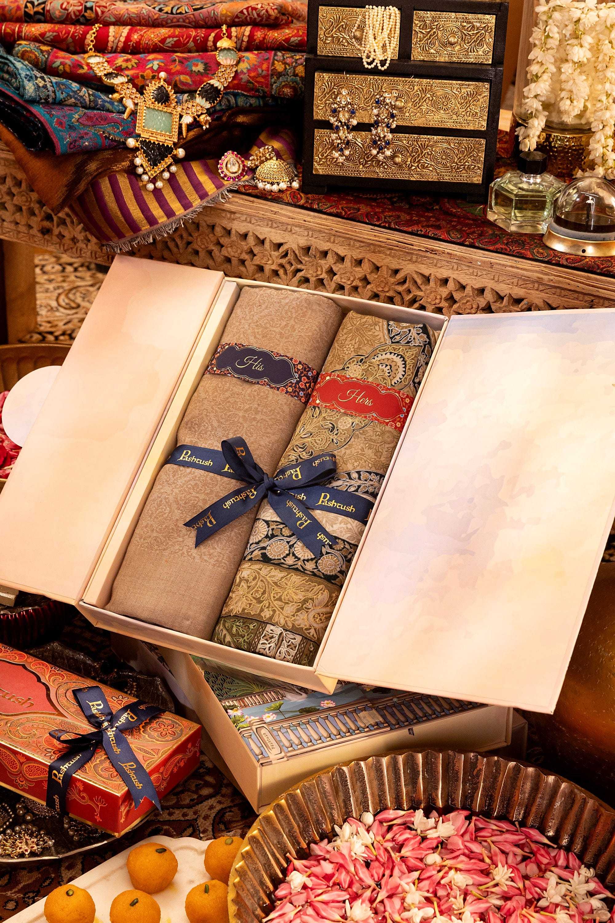 Pashtush His And Her Set Of Mens Fine Wool Shawl and Womens Fine Wool Shawl, Premium Gift Box Packaging, Taupe and Multicolour - Image 3