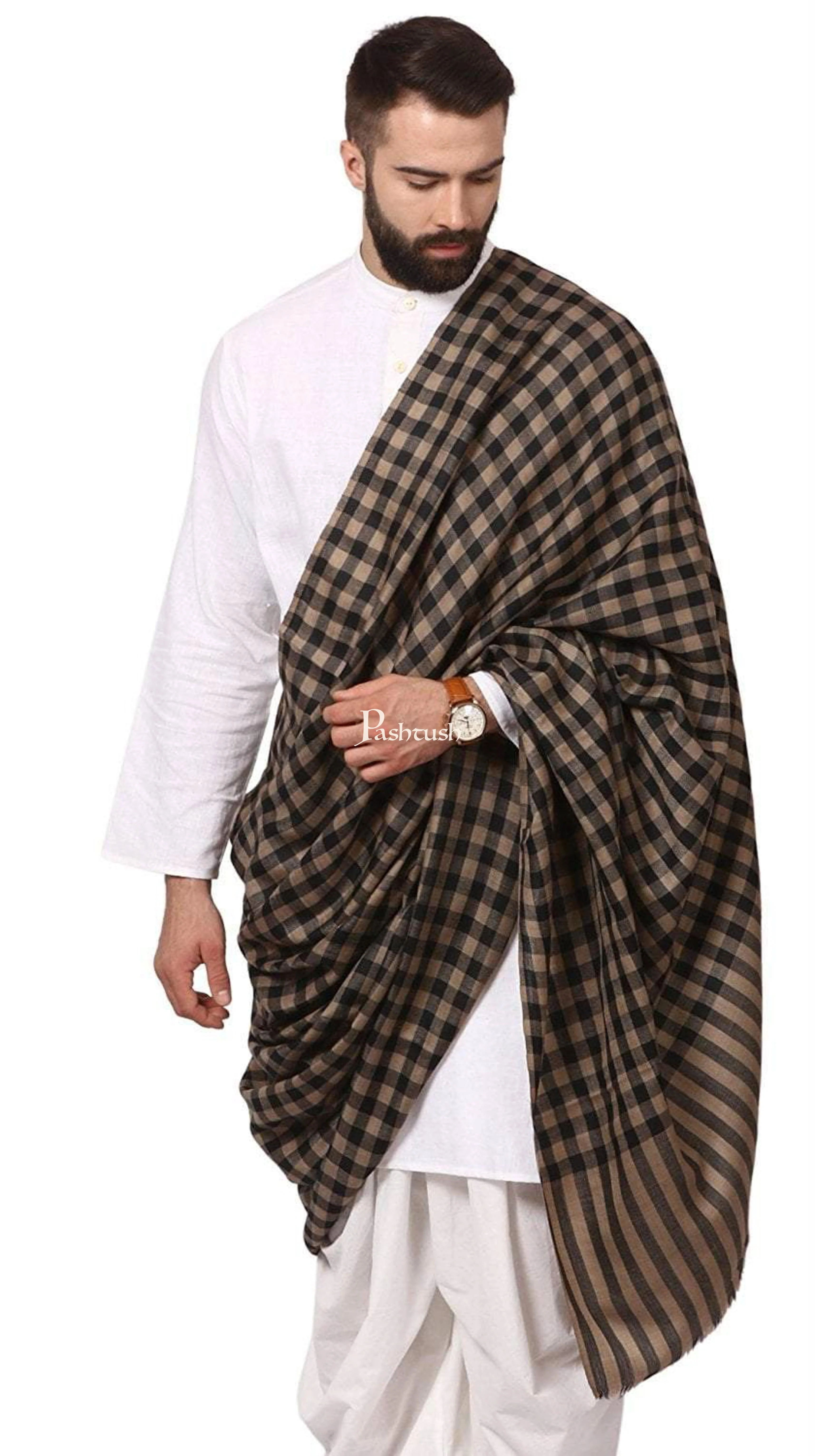Pashtush His And Her Set Of Mens Fine Wool Shawl and Womens Reversible Stole, Premium Gift Box Packaging, Black and Brown - Image 4
