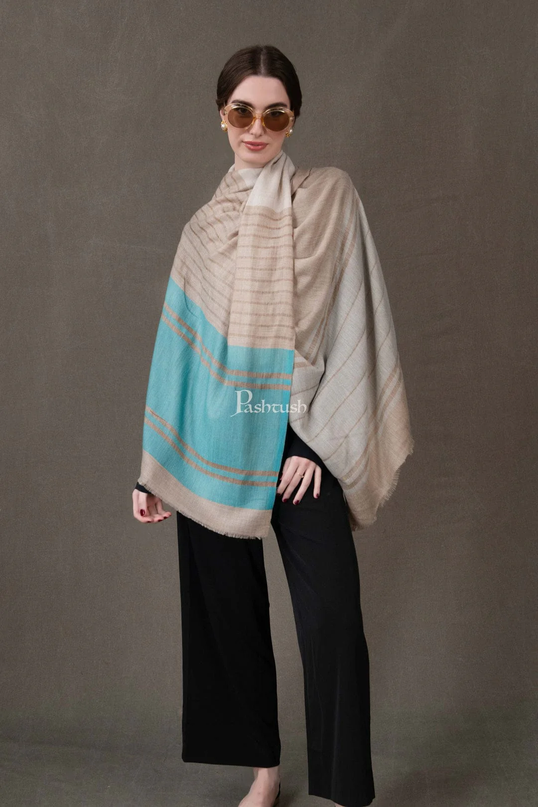 Pashtush His And Her Set Of Mens Fine Wool Shawl and Womens Stole, Premium Gift Box Packaging, Beige and Aqua Blue - Image 8