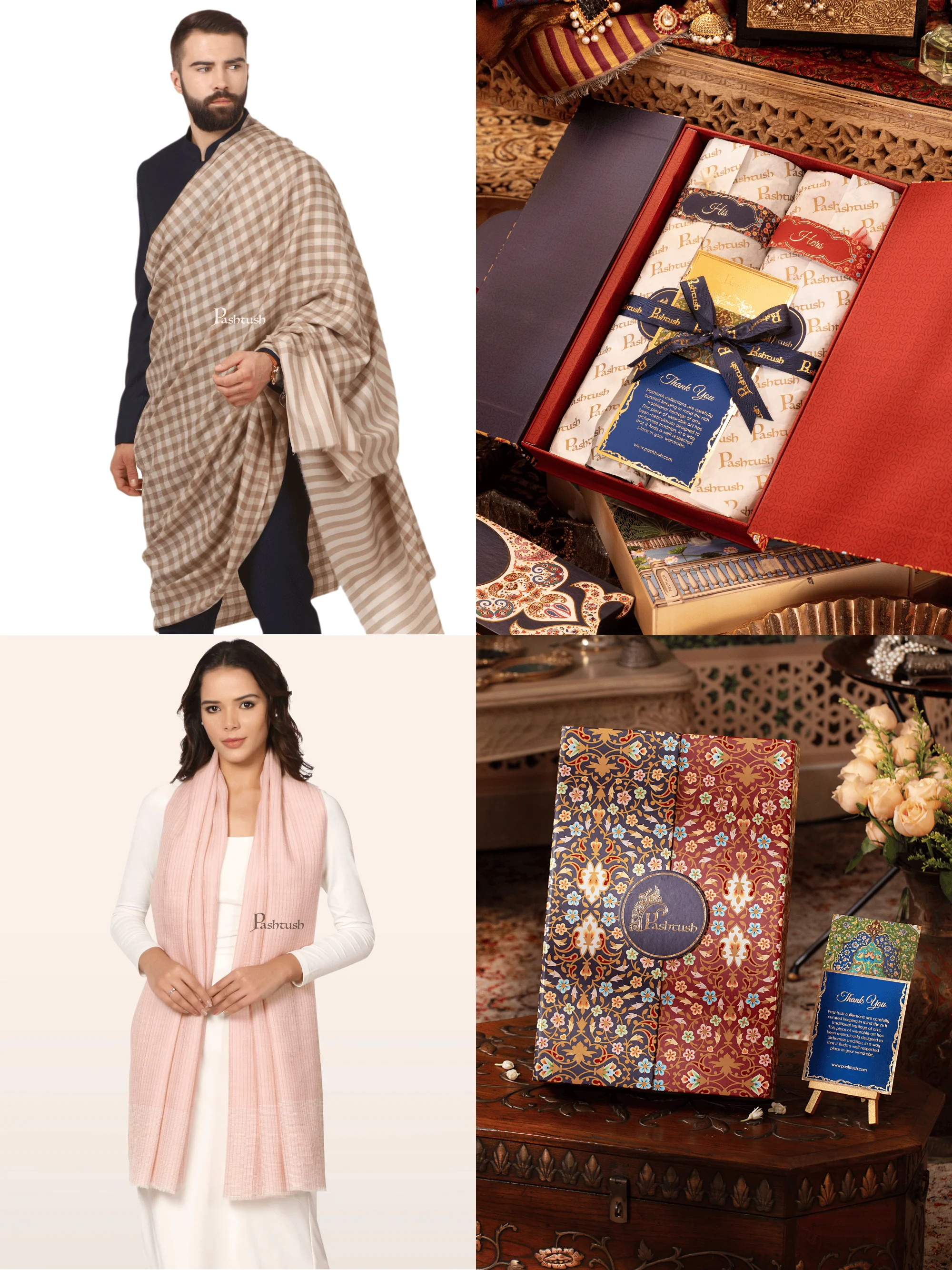 Pashtush His And Her Set Of Mens Fine Wool Shawl and Womens Stole , Premium Gift Box Packaging, Beige and Pink
