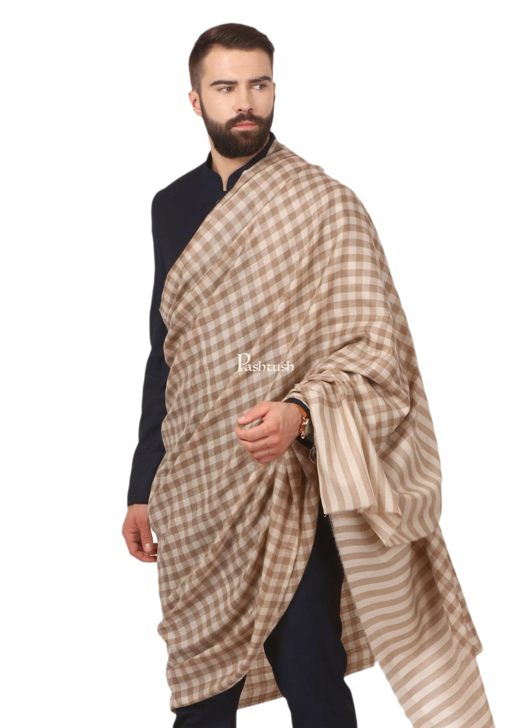 Pashtush His And Her Set Of Fine Wool Shawls, Premium Gift Box Packaging, Beige - Image 3