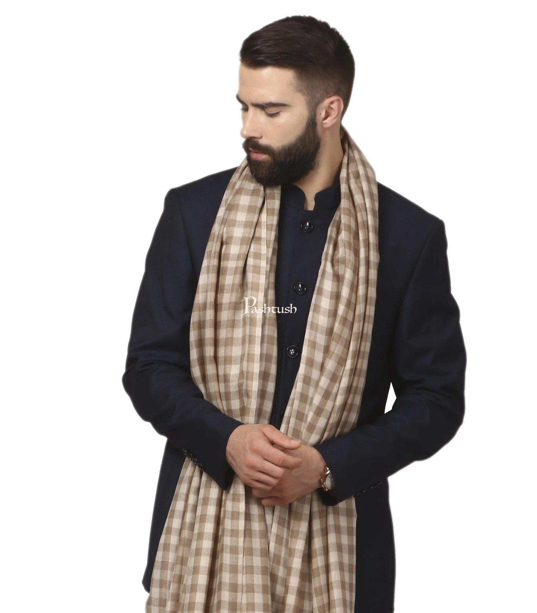 Pashtush His And Her Set Of Fine Wool Shawls, Premium Gift Box Packaging, Beige - Image 6