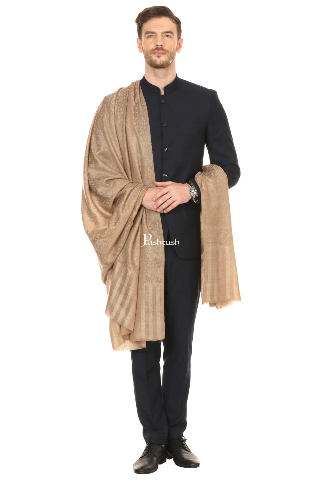 Pashtush His And Her Set Of Mens Fine Wool Shawl and Womens Twilight Shawl, Premium Gift Box Packaging, Beige - Image 3