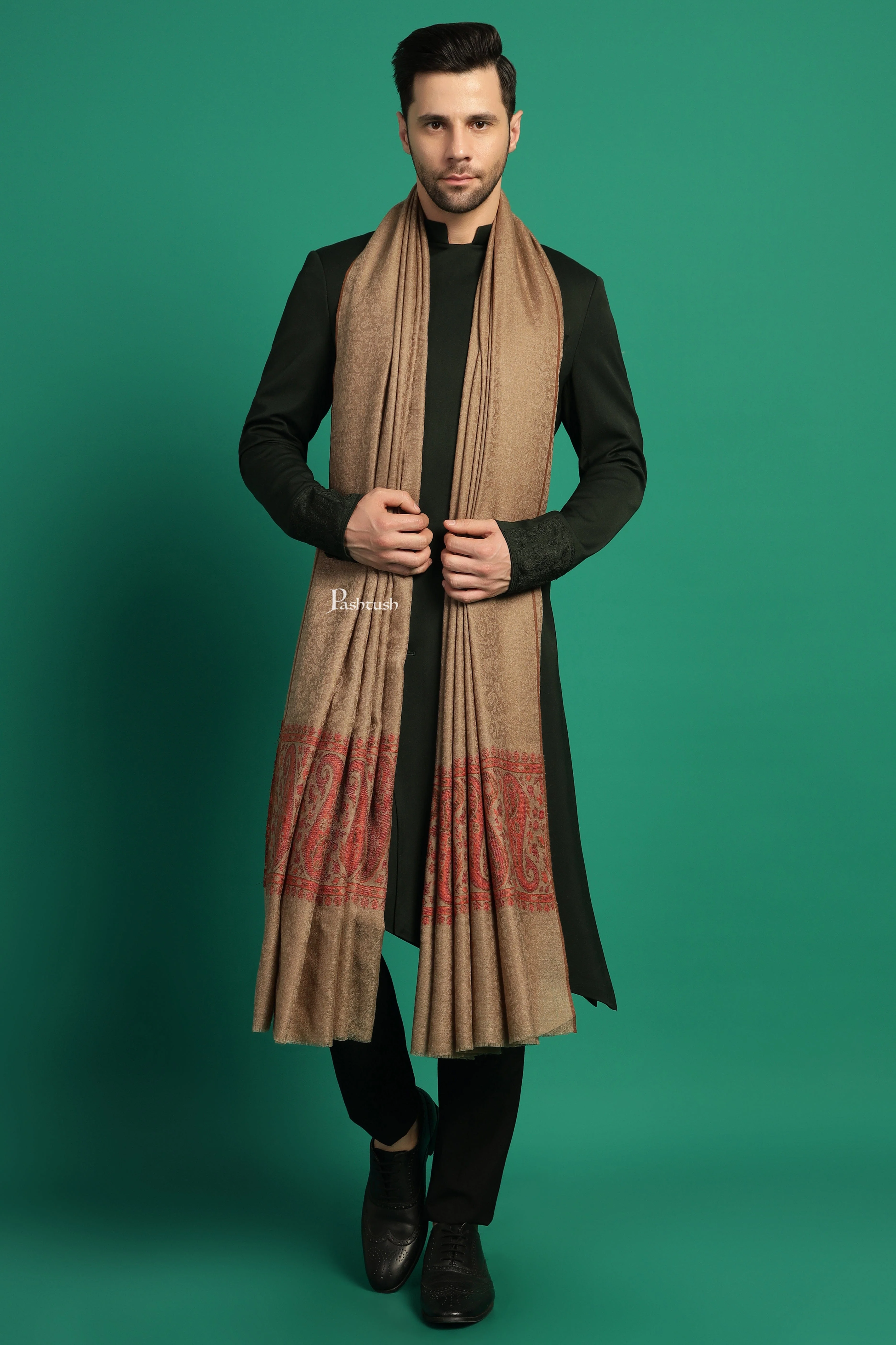 Pashtush His And Her Set Of Mens Fine Wool Shawl and Womens Stole, Premium Gift Box Packaging, Taupe and Marigold - Image 5