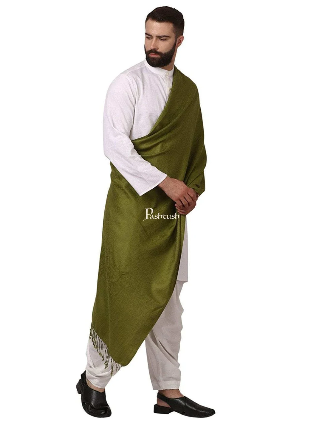 Pashtush His And Her Set Of Mens Fine Wool Stole and Womens 100% Hand Embroidered Kalamkari Stole, Premium Gift Box Packaging, Green and Black - Image 5