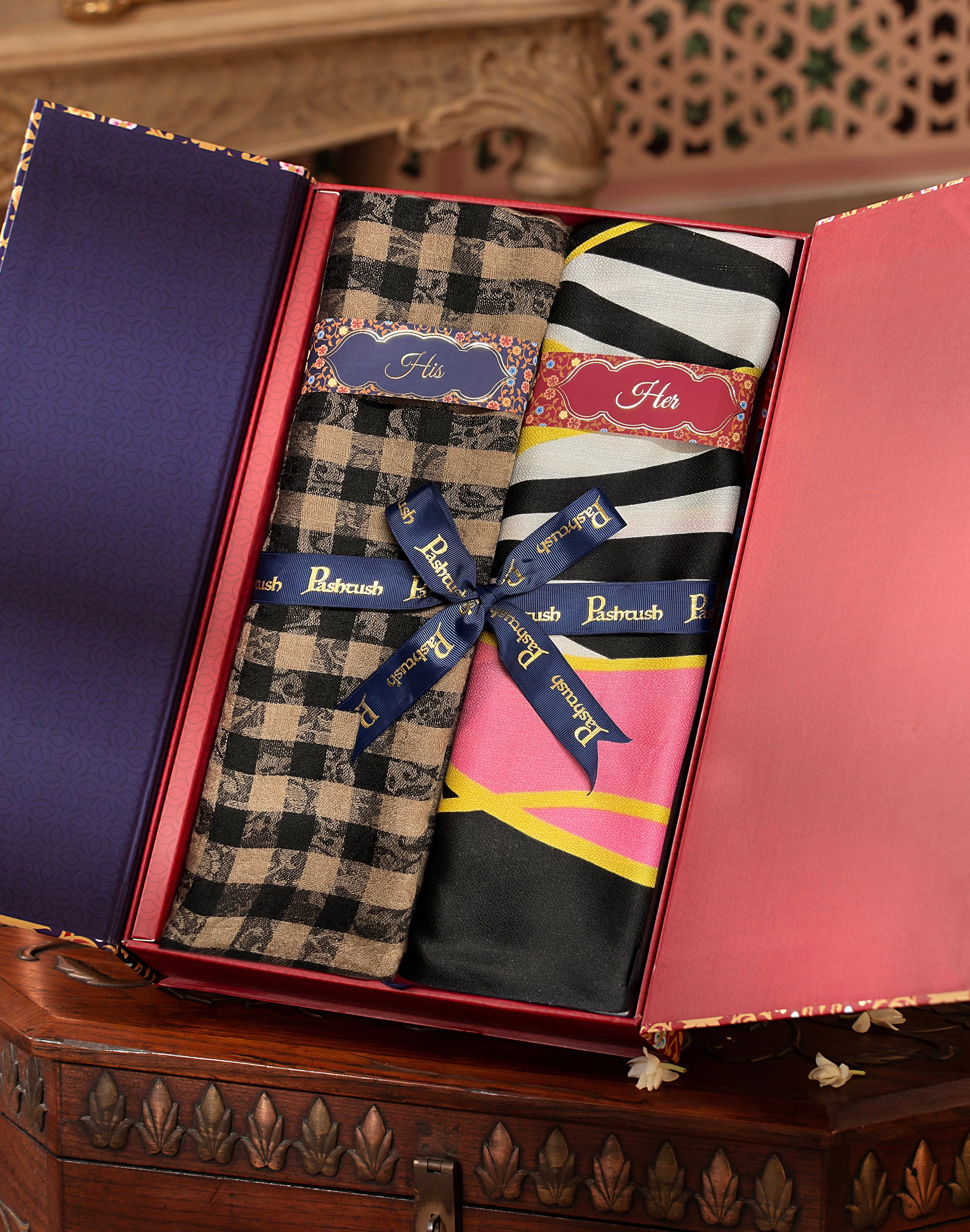 Pashtush His And Her Set Of Mens Fine Wool Stole and Womens Bamboo Stole, Premium Gift Box Packaging, Black and Multicolour