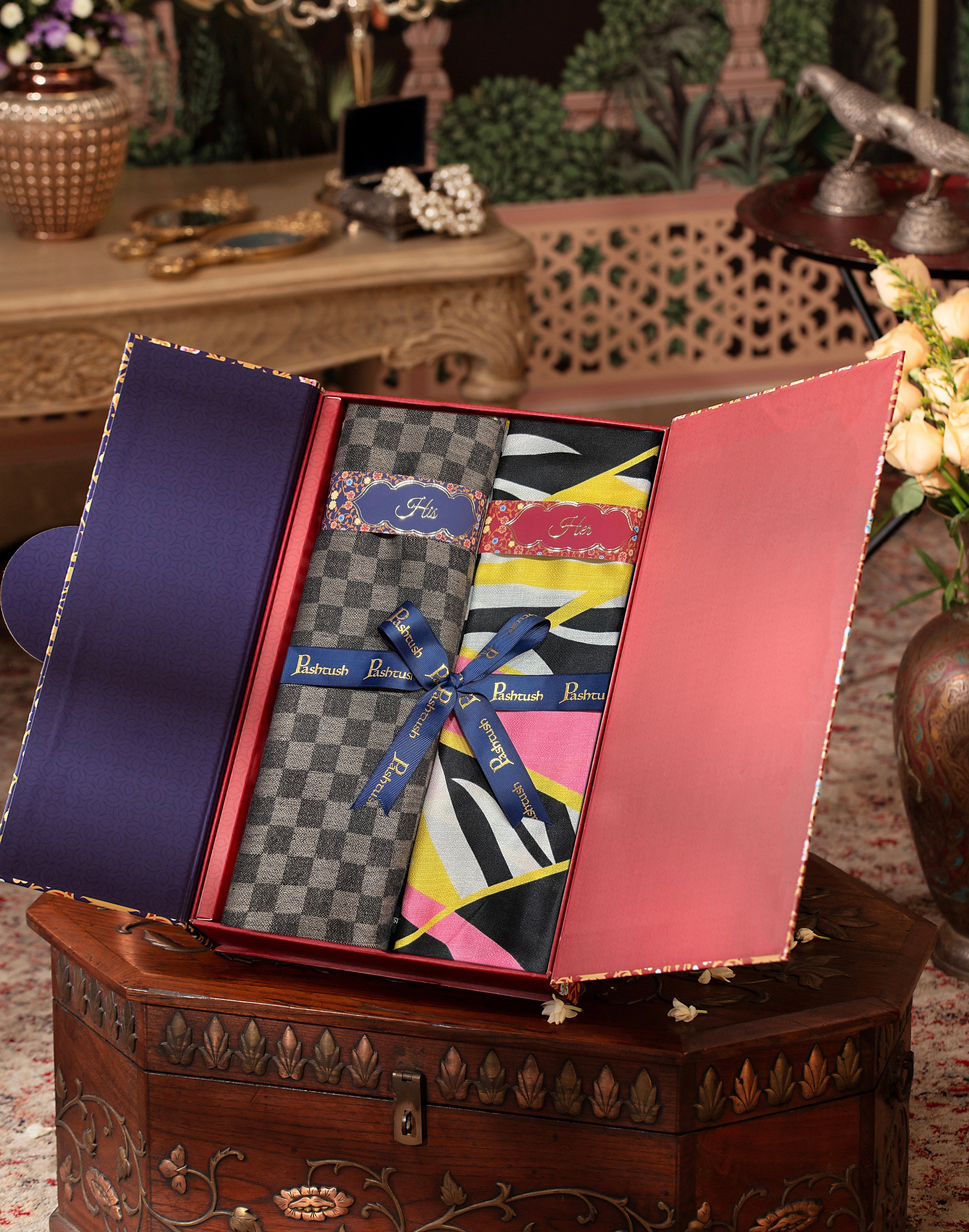 Pashtush His And Her Set Of Mens Fine Wool Stole and Womens Bamboo Stole, Premium Gift Box Packaging, Black and Multicolour - Image 3