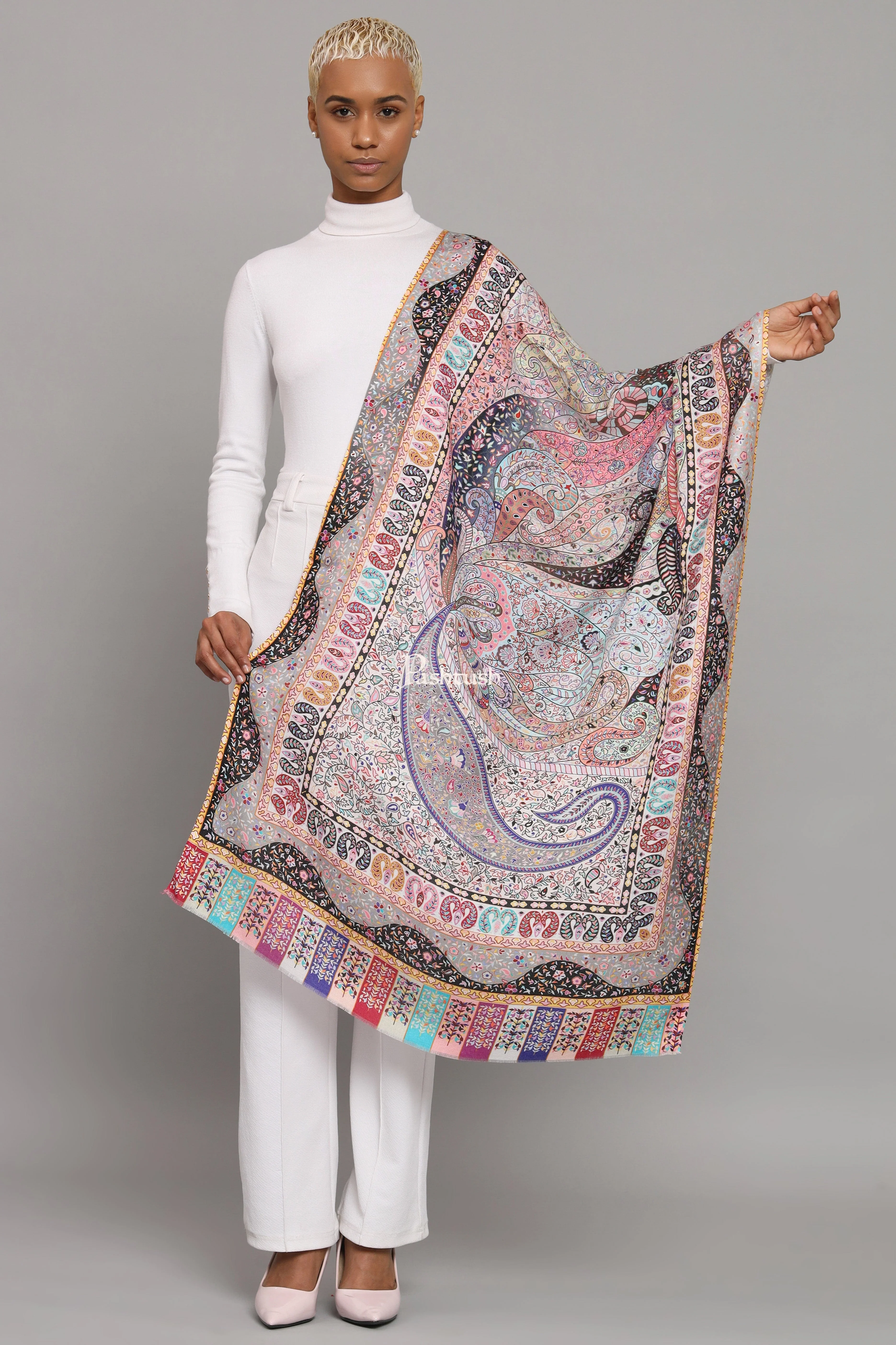 Pashtush His And Her Set Of Mens Fine Wool Stole and Womens Bamboo Stole, Premium Gift Box Packaging, Black and Multicolour - Image 10