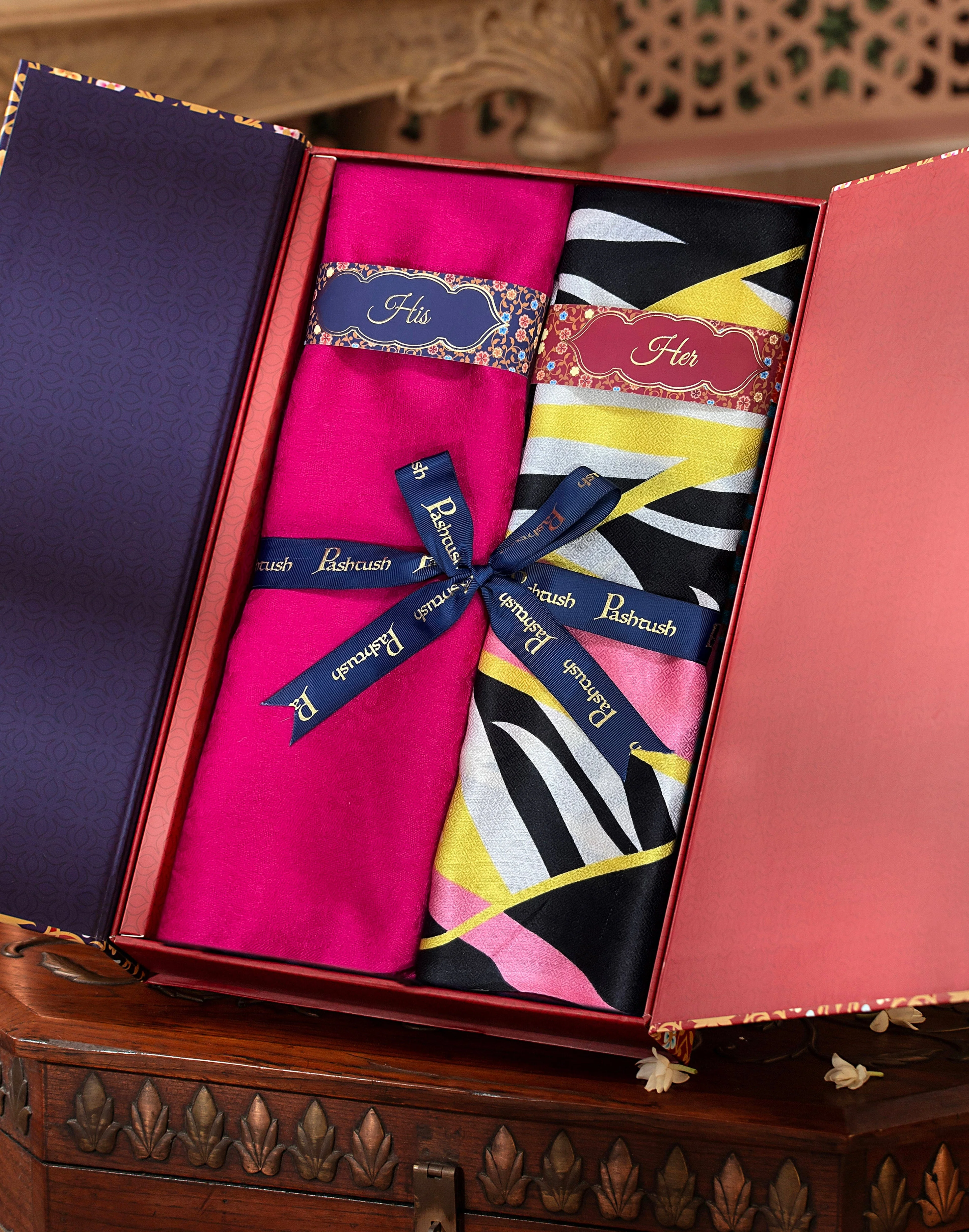 Pashtush His And Her Set Of Mens Fine Wool Stole and Womens Bamboo Stole, Premium Gift Box Packaging, Pink and Multicolour