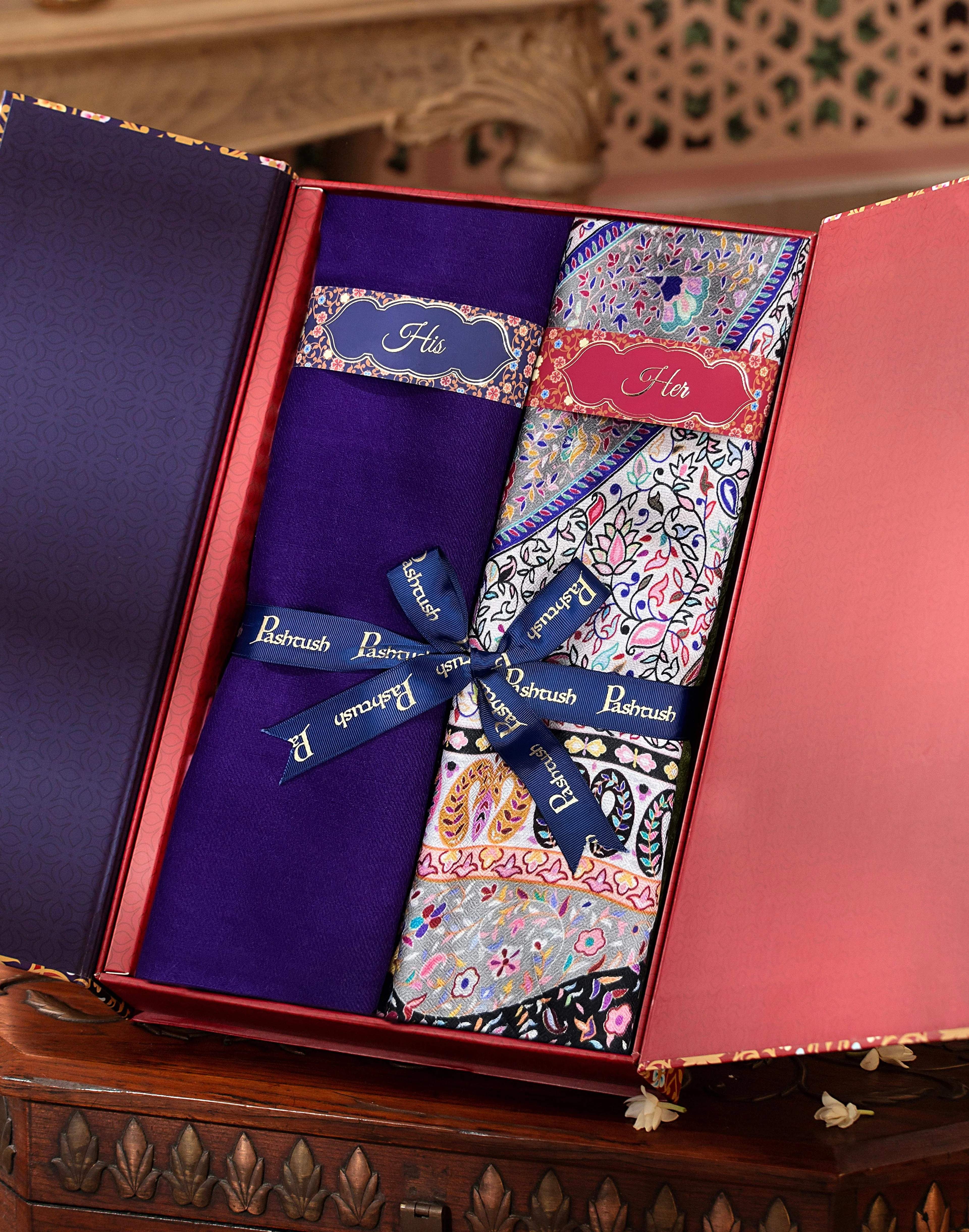 Pashtush His And Her Set Of Mens Fine Wool Stole and Womens Bamboo Stole, Premium Gift Box Packaging, Purple and Multicolour