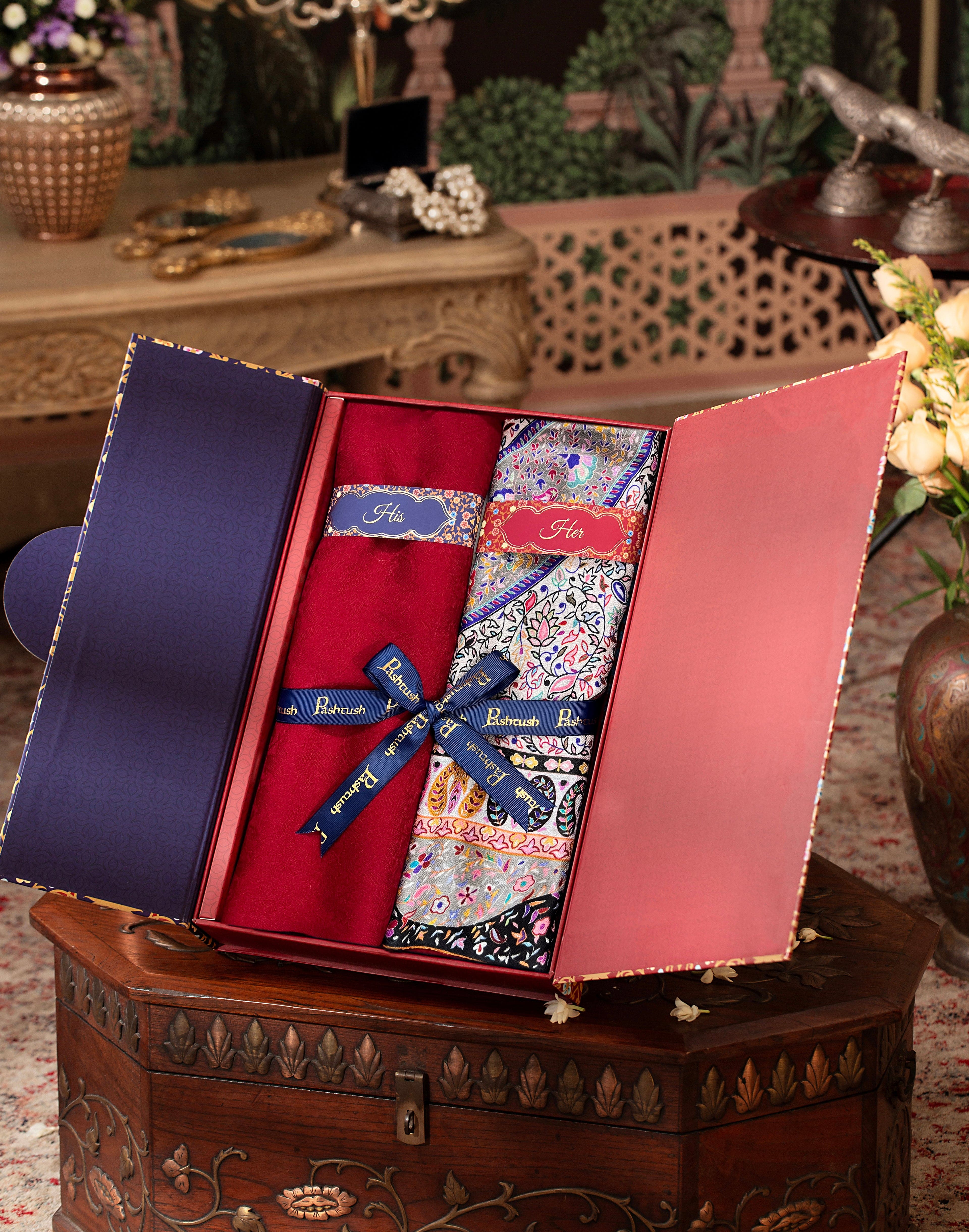 Pashtush His And Her Set Of Mens Fine Wool Stole and Womens Extra Soft Bamboo Stole, Premium Gift Box Packaging, Maroon and Multicolour - Image 3