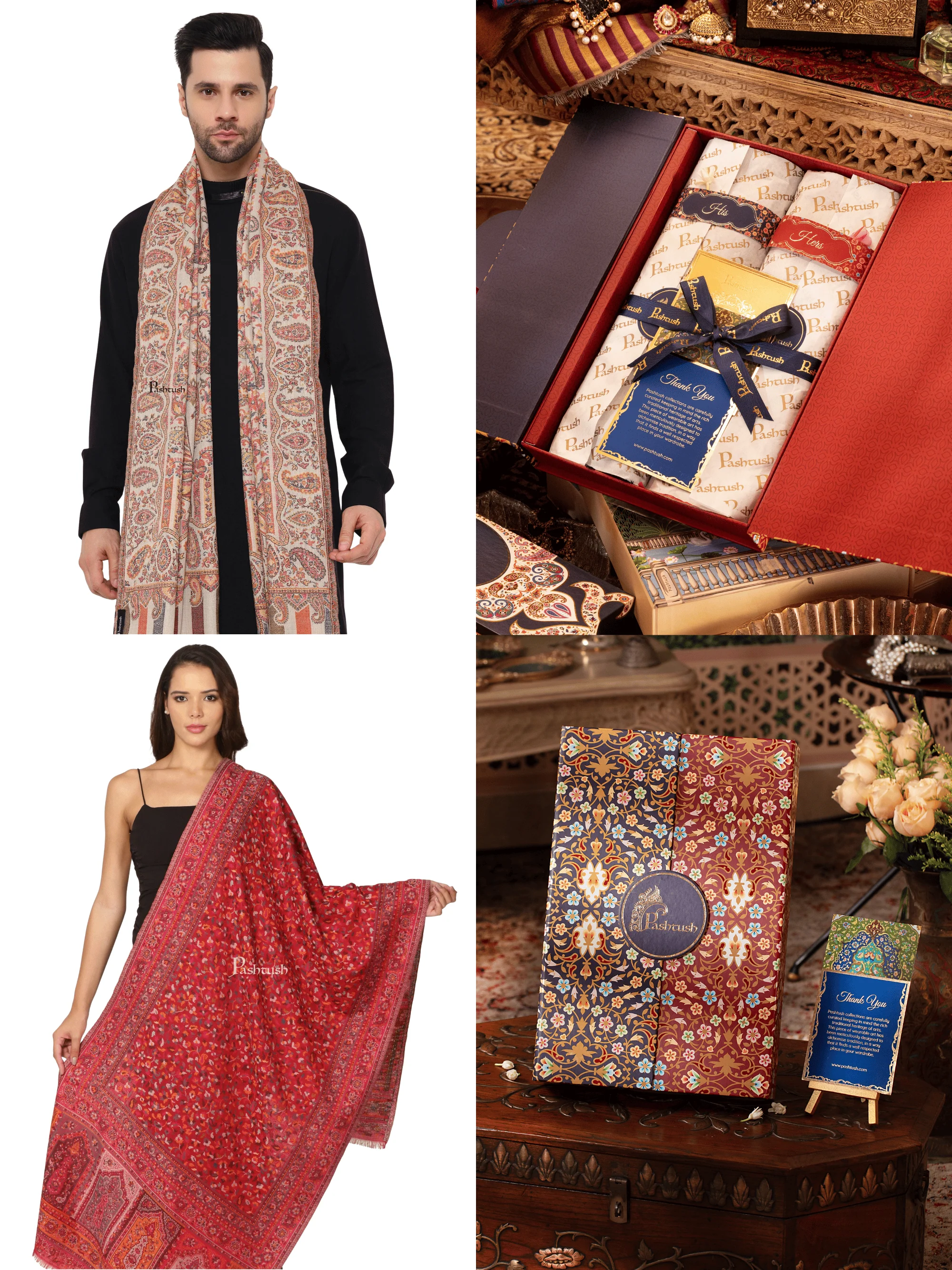 Pashtush His And Her Set Of Mens Fine Wool Stole and Womens Faux Pashmina Stole, Premium Gift Box Packaging, Beige and Maroon