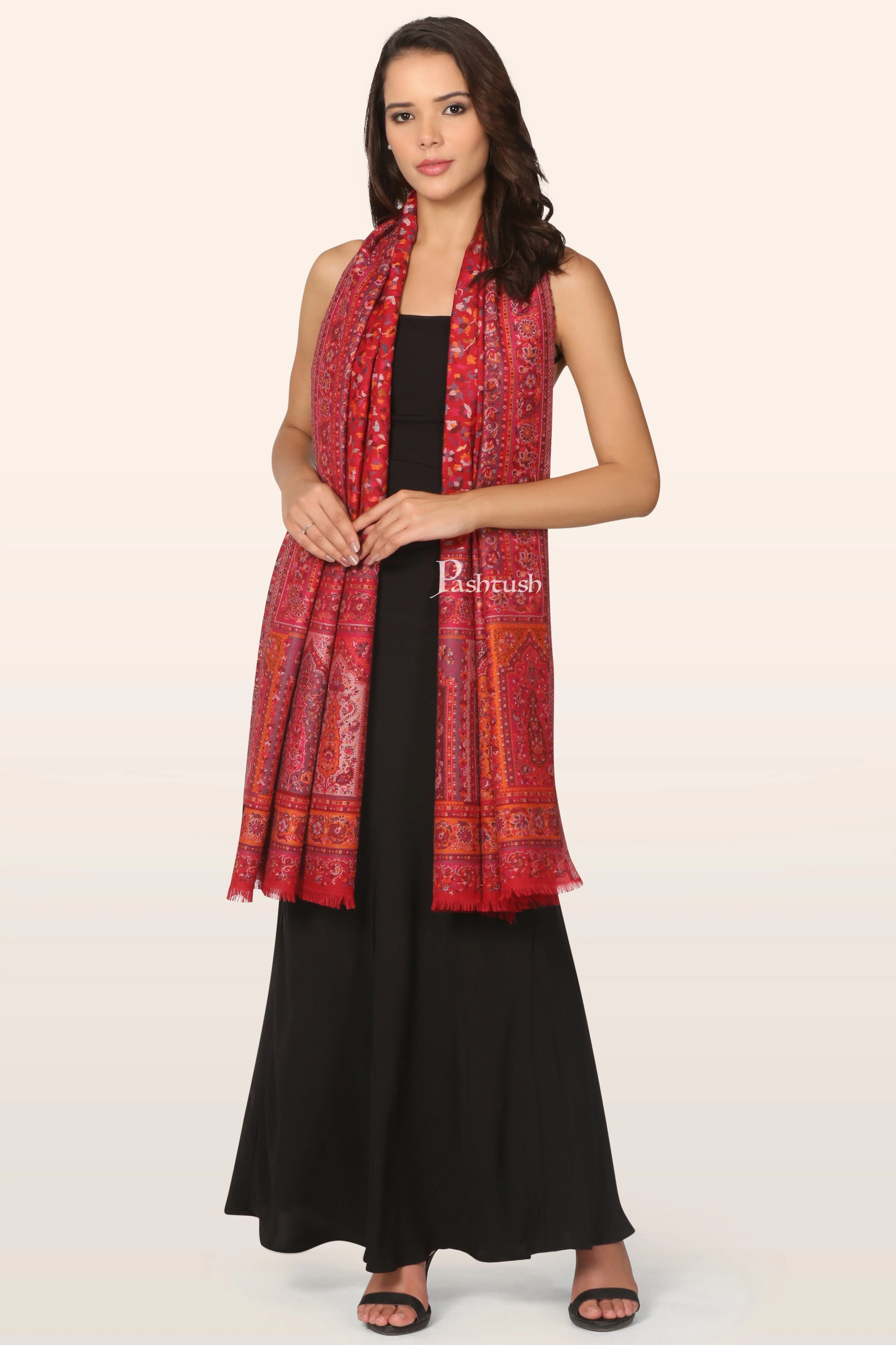 Pashtush His And Her Set Of Mens Fine Wool Stole and Womens Faux Pashmina Stole, Premium Gift Box Packaging, Beige and Maroon - Image 11
