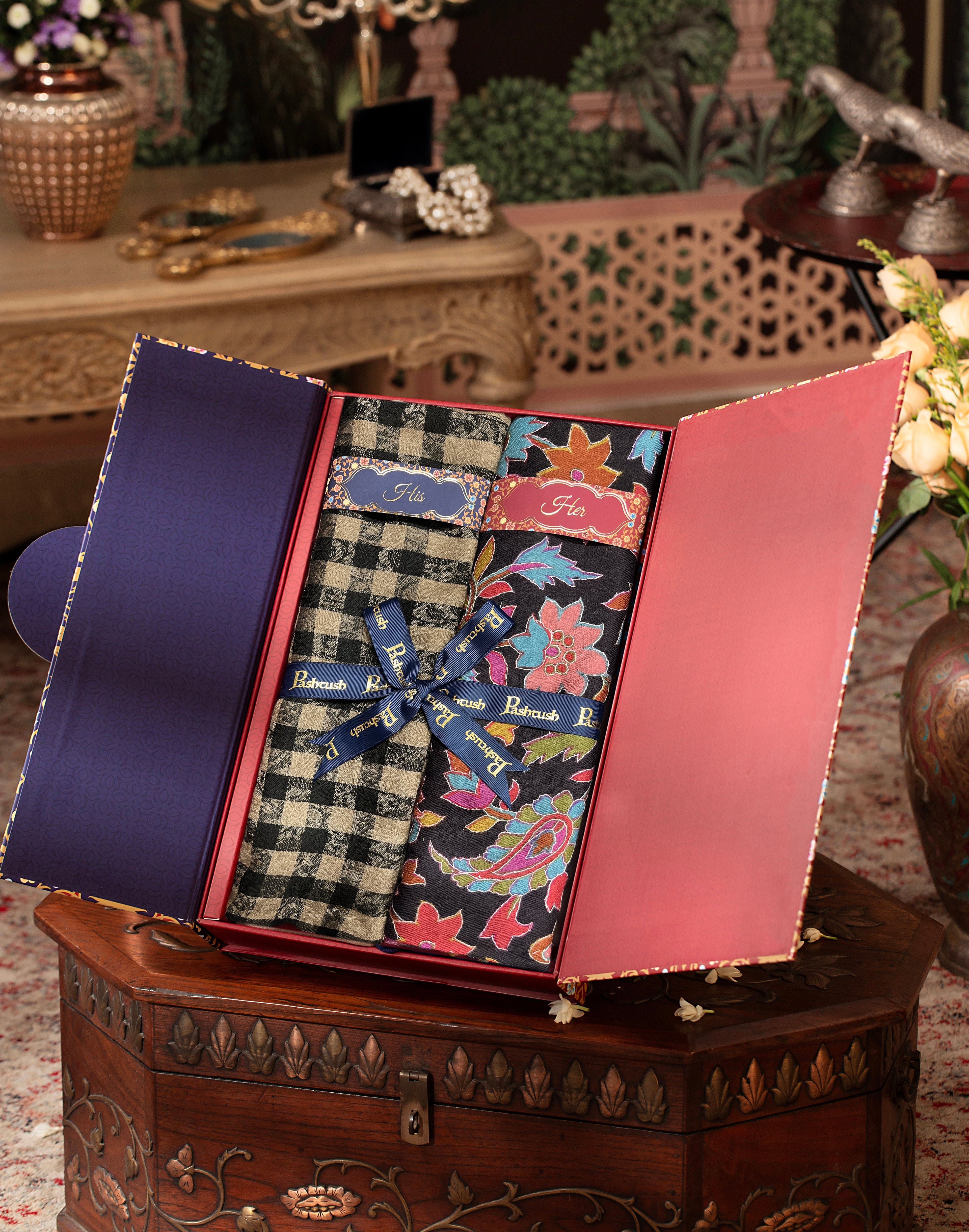 Pashtush His And Her Set Of Mens Fine Wool Stole and Womens Hand Embroided Kalamkari Stole, Premium Gift Box Packaging, Black - Image 3