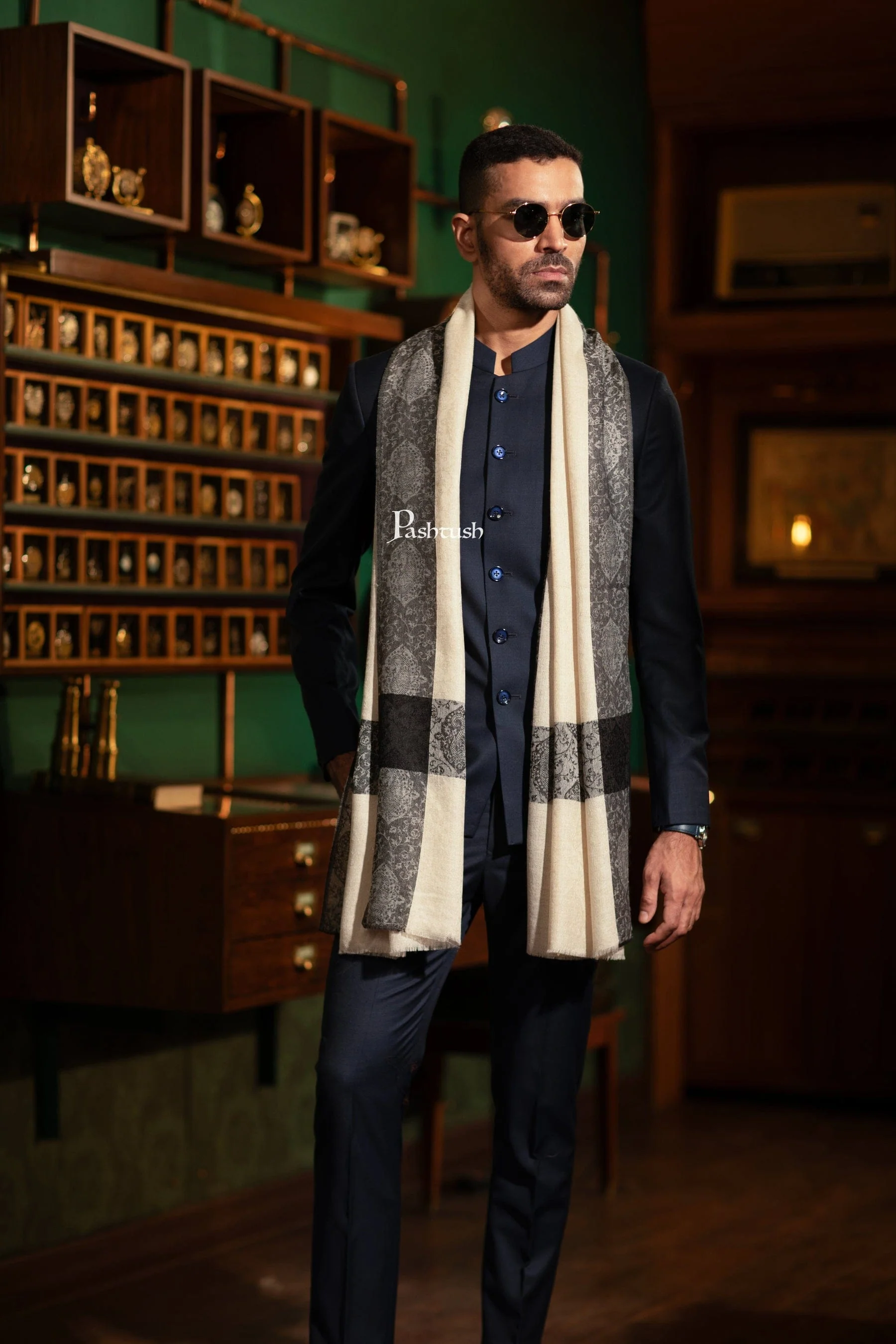 Pashtush His And Her Set Of Mens Fine Wool Stole and Womens Reversible Stole, Premium Gift Box Packaging, Beige - Image 4