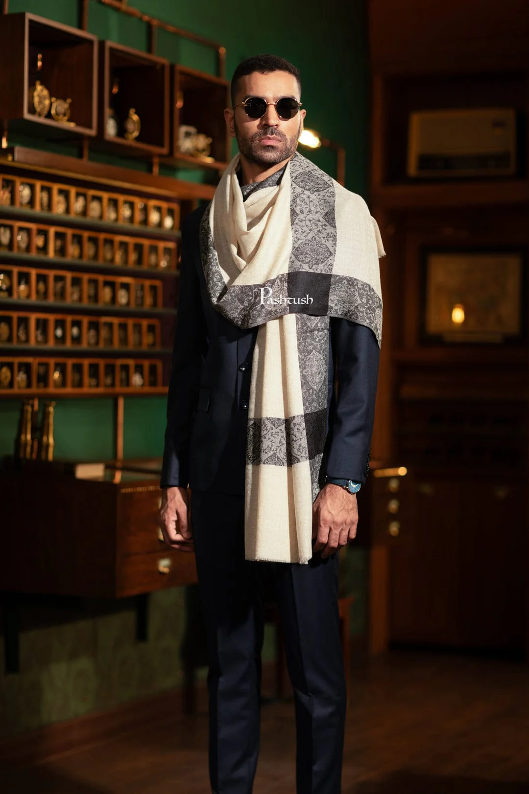 Pashtush His And Her Set Of Mens Fine Wool Stole and Womens Reversible Stole, Premium Gift Box Packaging, Beige - Image 7
