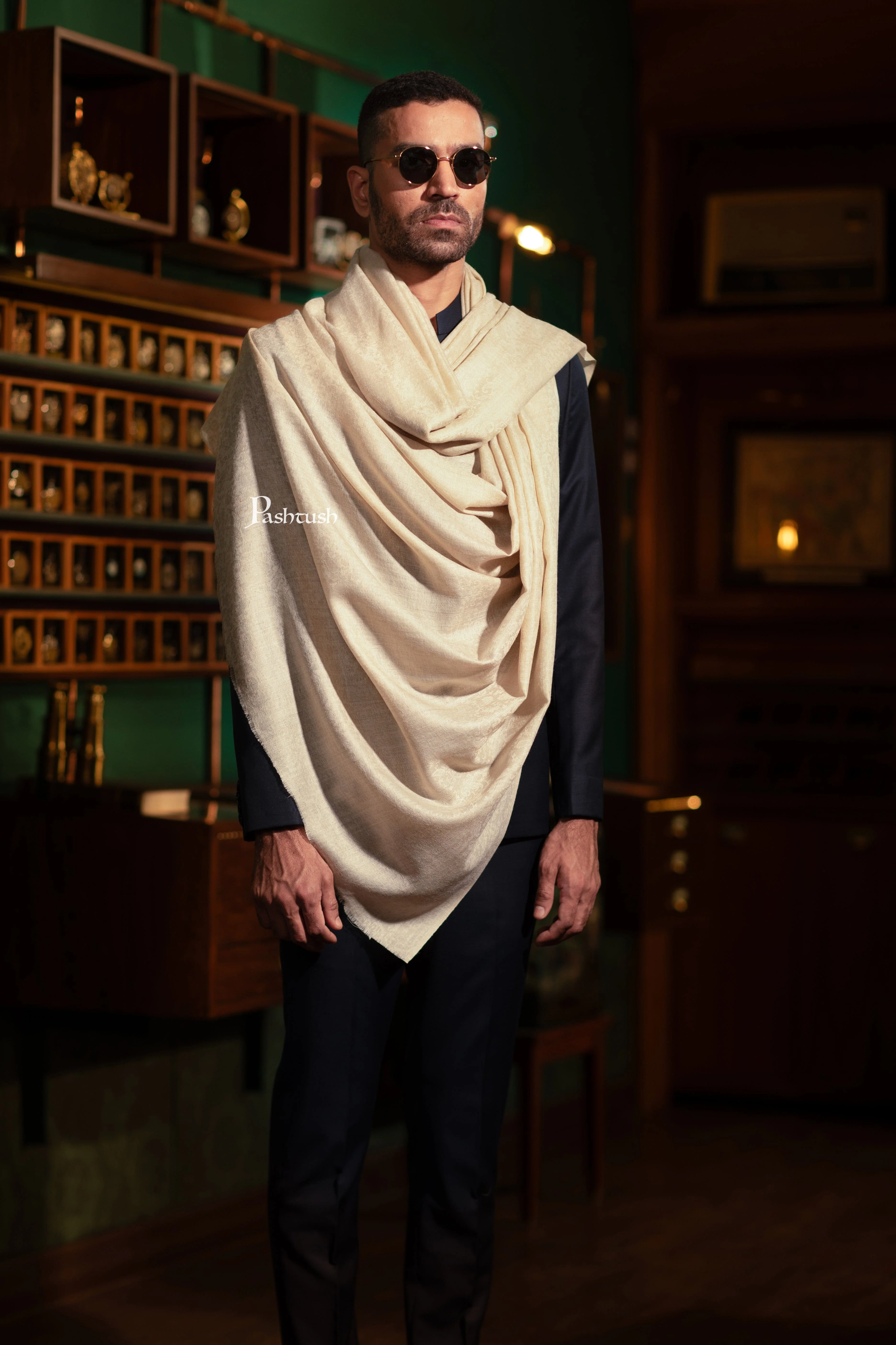 Pashtush His and Her Set of Mens Fine Wool Stole and Womens Self Shawl with Premium Gift Box Packaging, Sahara and Emerald Green - Image 5