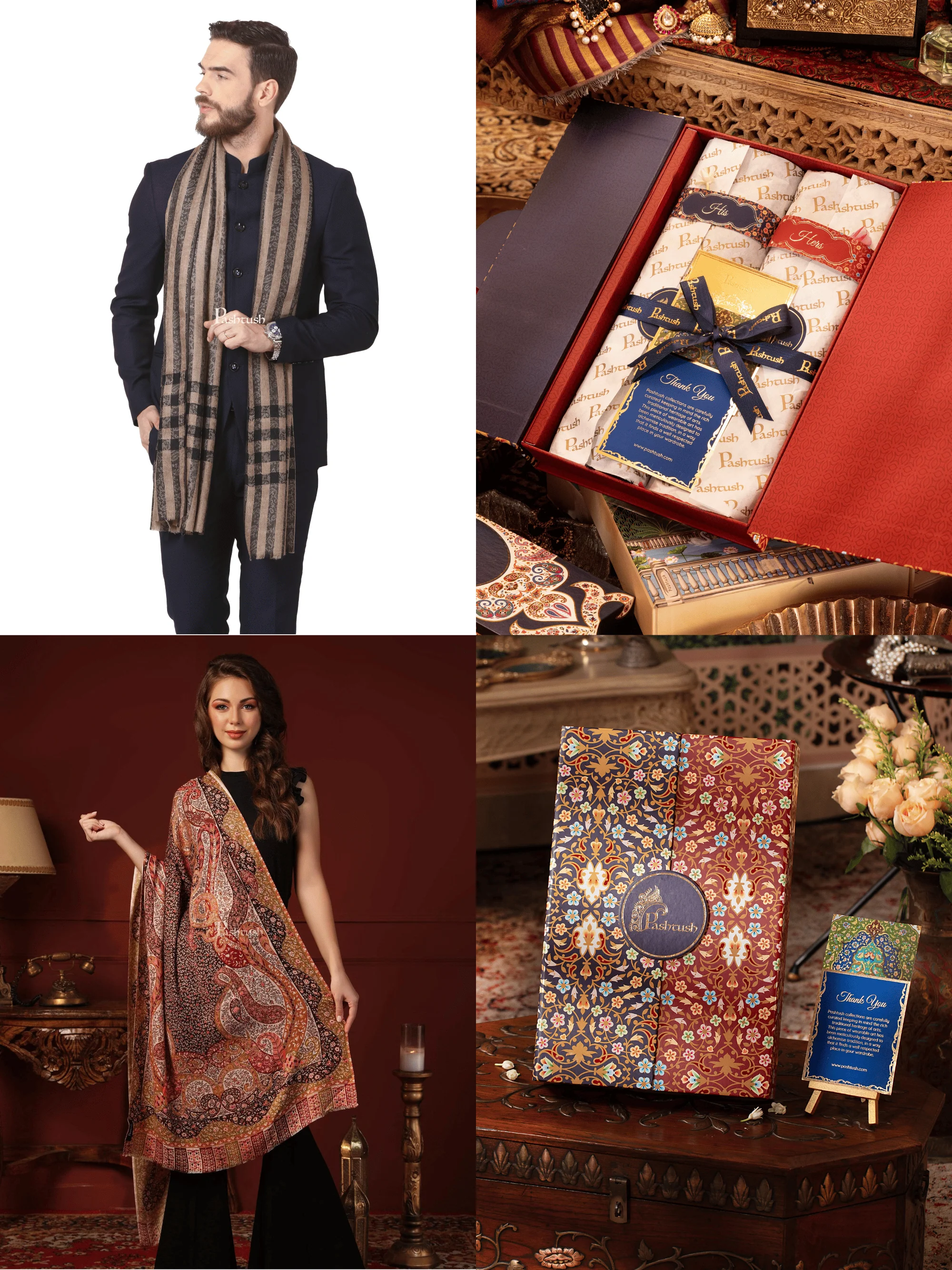 Pashtush His And Her Set Of Mens Fine Wool Stole and Womens Bamboo Stole, Premium Gift Box Packaging, Black and Multicolour