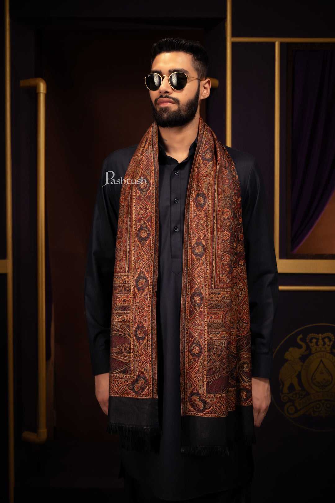 Pashtush His And Her Set Of Mens Jamawar Stole and Womens Bamboo Stole, Premium Gift Box Packaging, Black and Multicolour - Image 4