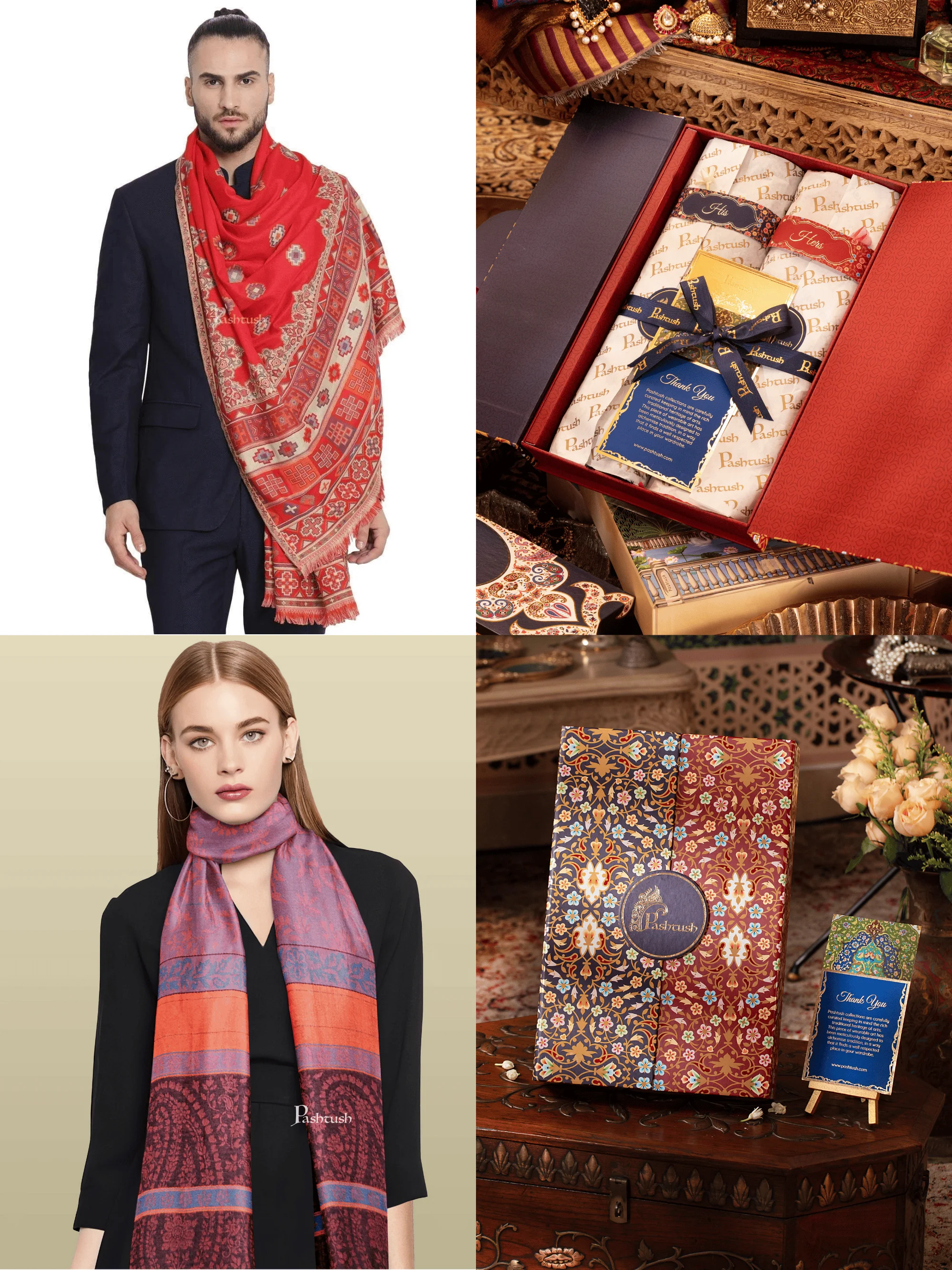 Pashtush His And Her Set Of Mens Jamawar Stole and Womens Bamboo Stole, Premium Gift Box Packaging, Maroon and Red