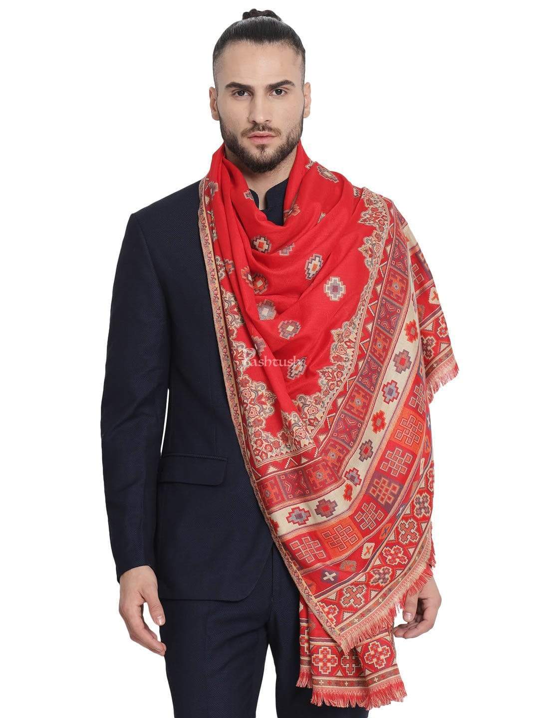 Pashtush His And Her Set Of Mens Jamawar Stole and Womens Bamboo Stole, Premium Gift Box Packaging, Maroon and Red - Image 3