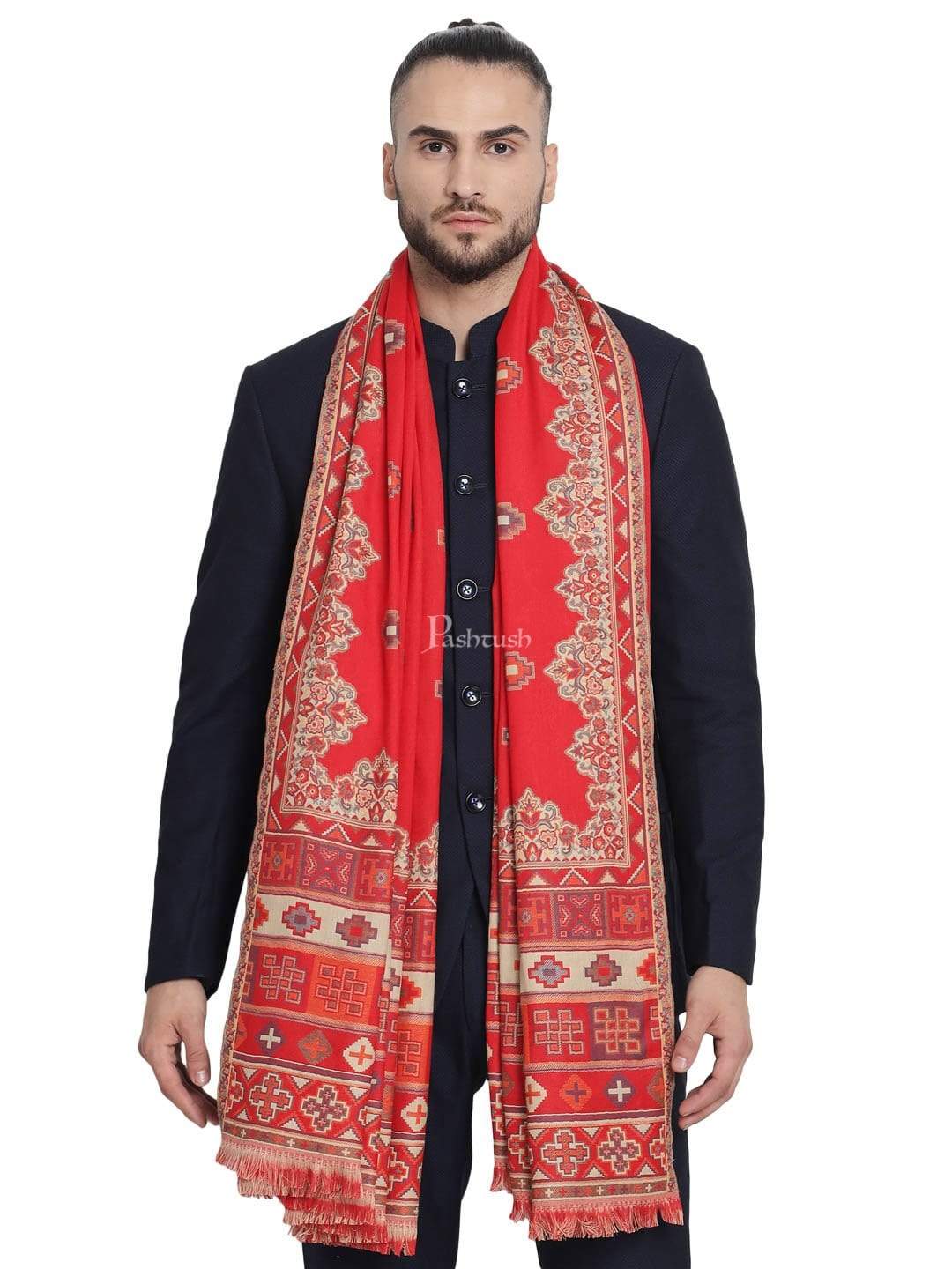 Pashtush His And Her Set Of Mens Jamawar Stole and Womens Bamboo Stole, Premium Gift Box Packaging, Maroon and Red - Image 5